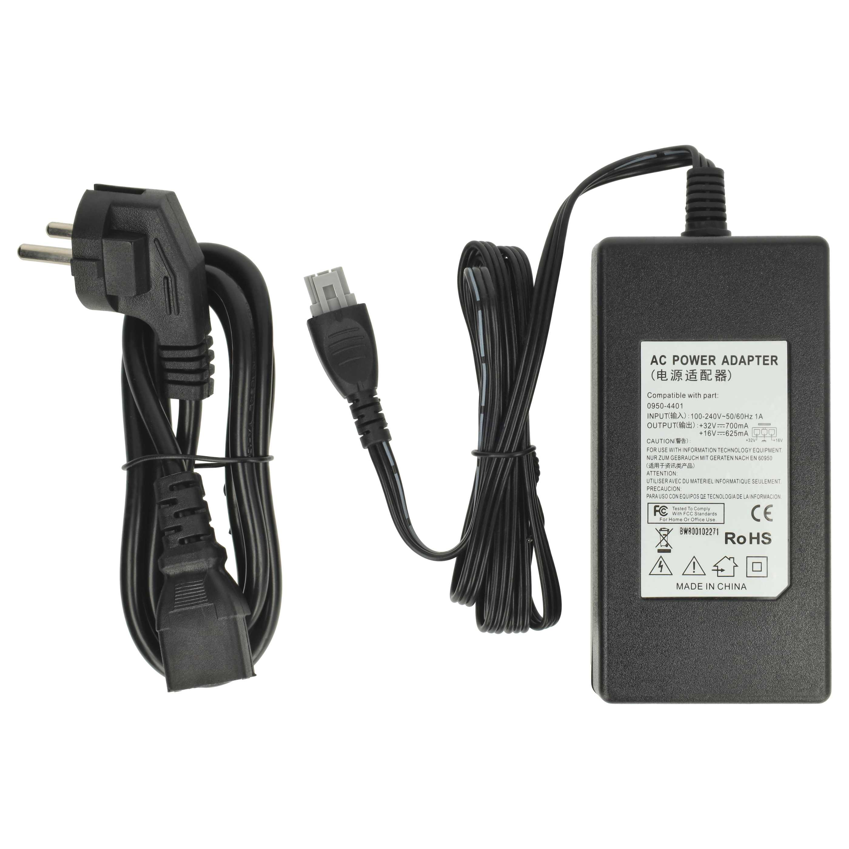 Ein AC-Netzteil mit schwarzen Kabeln und einem Stecker. Der Adapter hat Text und Etiketten. Der Hintergrund ist weiß.