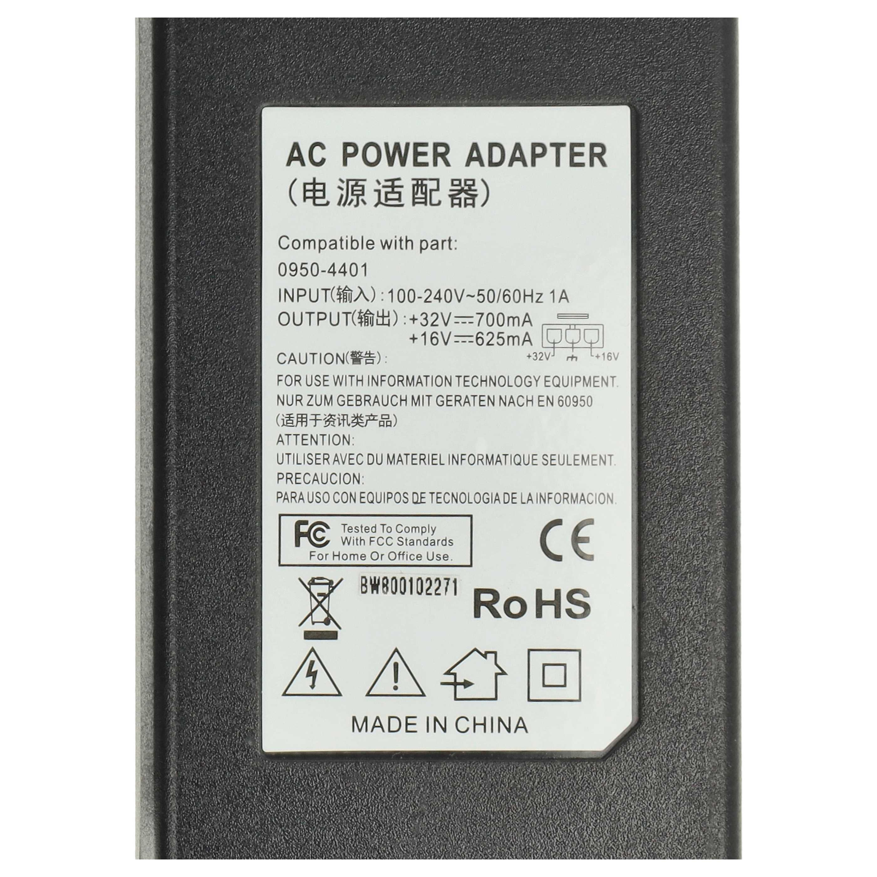 Schwarzer AC-Netzadapter mit weißem Etikett mit technischen Daten und Konformitätssymbolen.