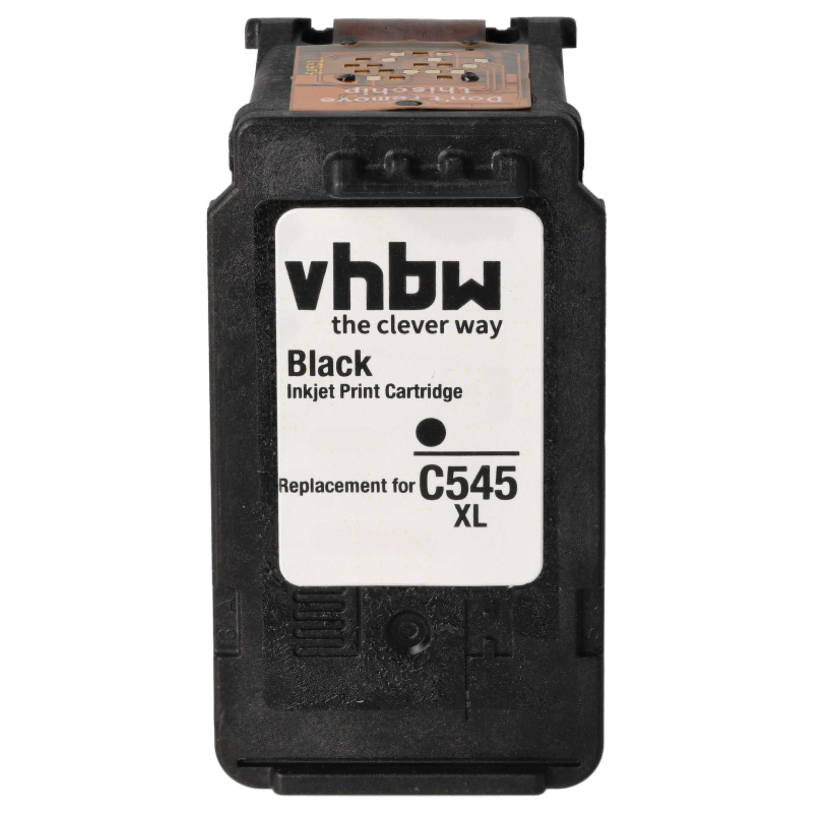 Schwarze Tintenpatrone mit weißem Etikett. Auf dem Etikett steht vhbw, Black Inkjet Print Cartridge, Replacement for C545 XL.