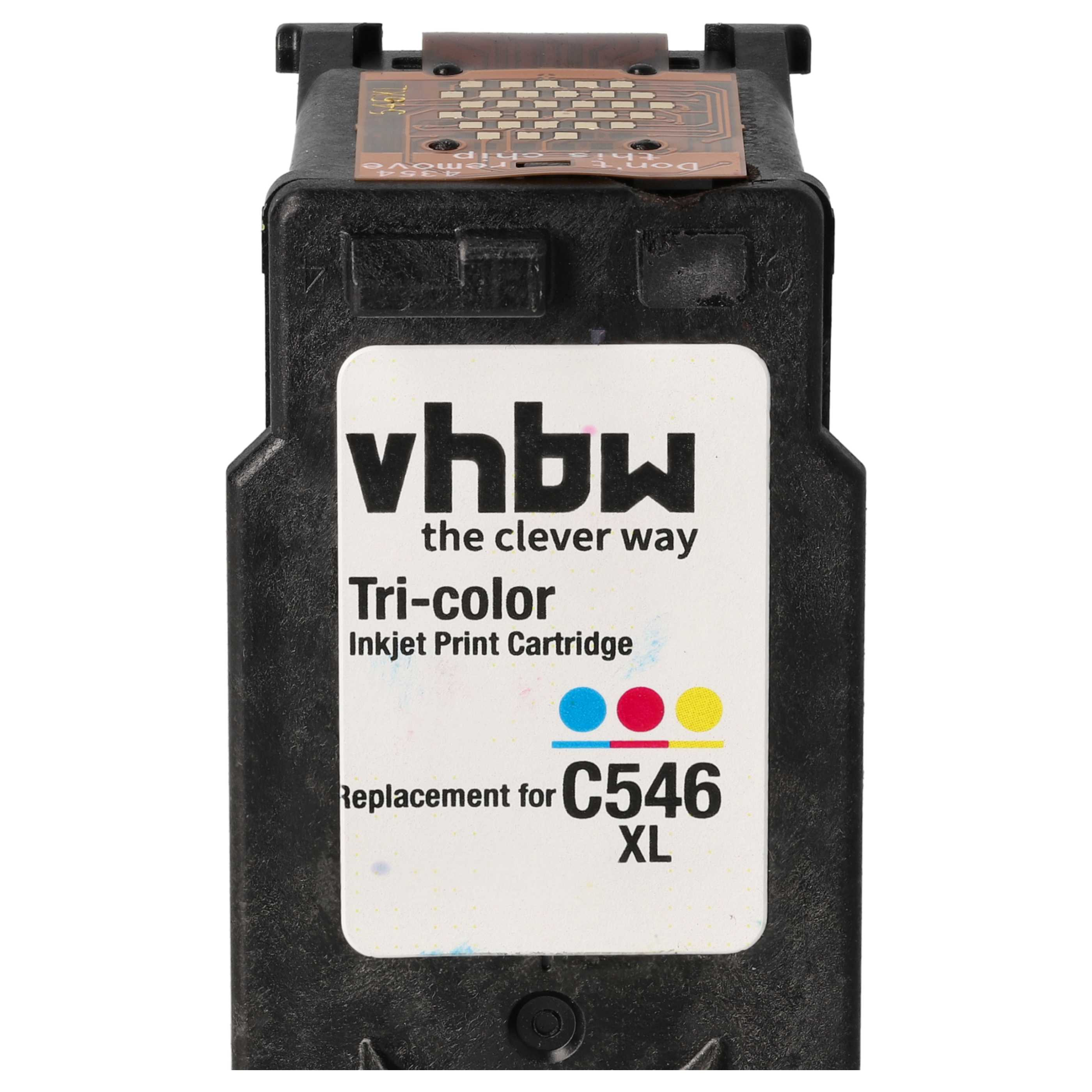 Schwarze Tintenpatrone mit weißem Etikett. Das Etikett trägt die Aufschrift 'vhbw' und 'Tri-color Inkjet Print Cartridge'.