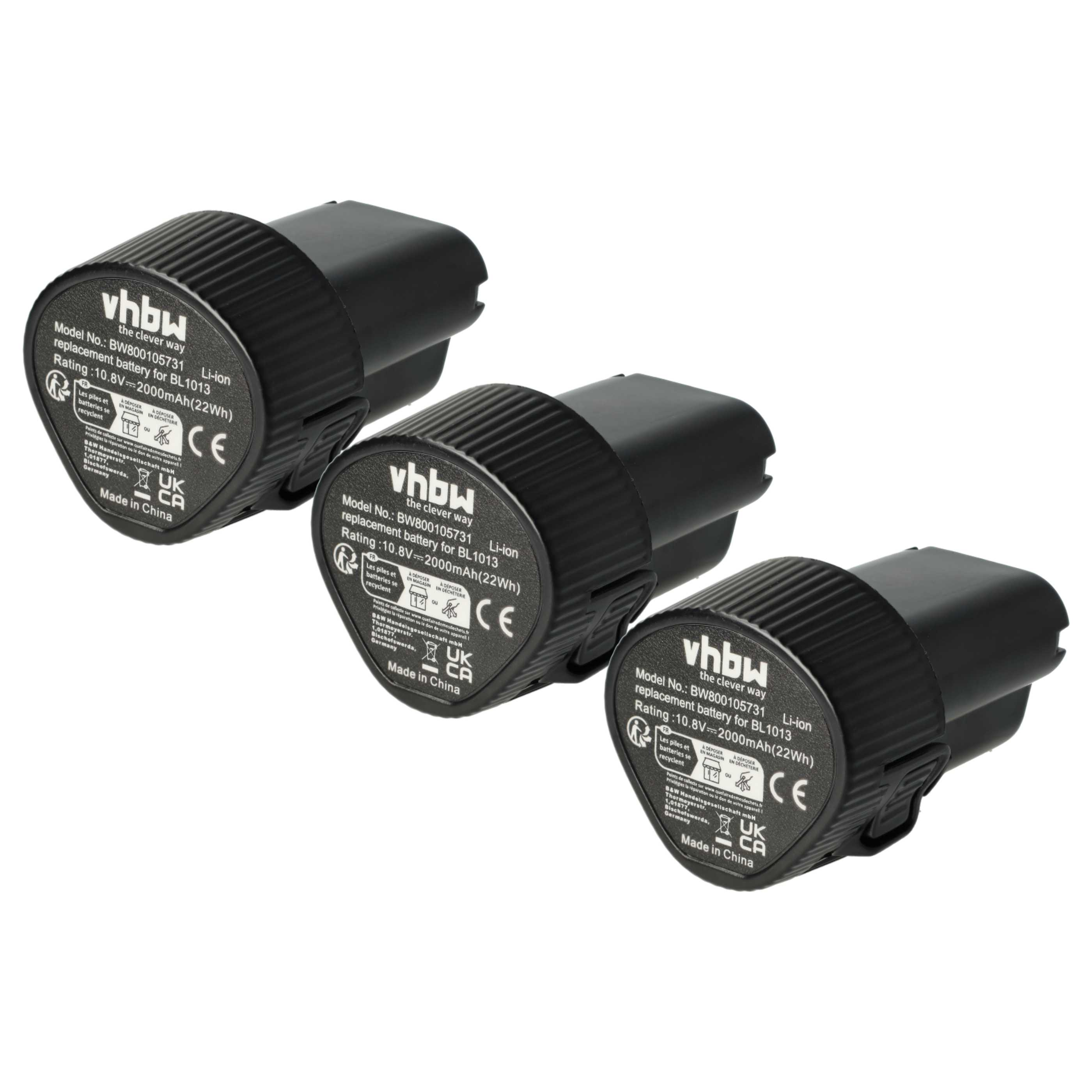 Drei schwarze vhbw-Ersatzbatterien auf weißem Hintergrund. Jede hat weißen Text und ein CE-Zeichen.