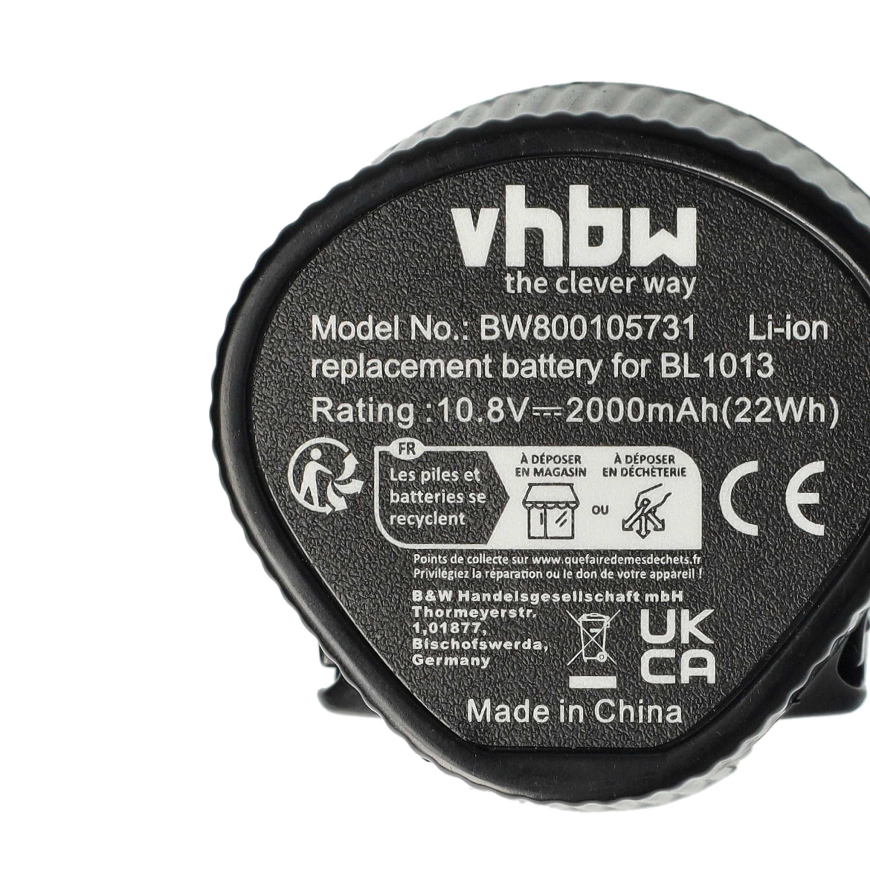 Ein schwarzes Akkupack mit weißem Text. Es steht 'vhbw', 'Li-ion' und 'Made in China'. Enthält Recyclingsymbole.
