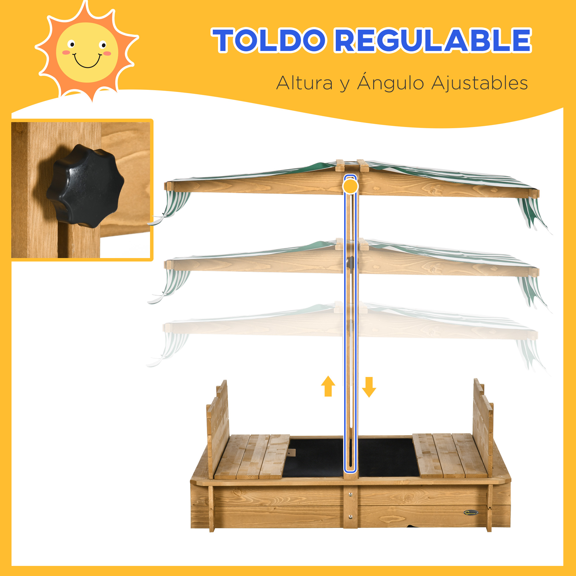 Un arenero de madera con toldo ajustable. Incluye una perilla negra y flechas que muestran el ajuste de altura.