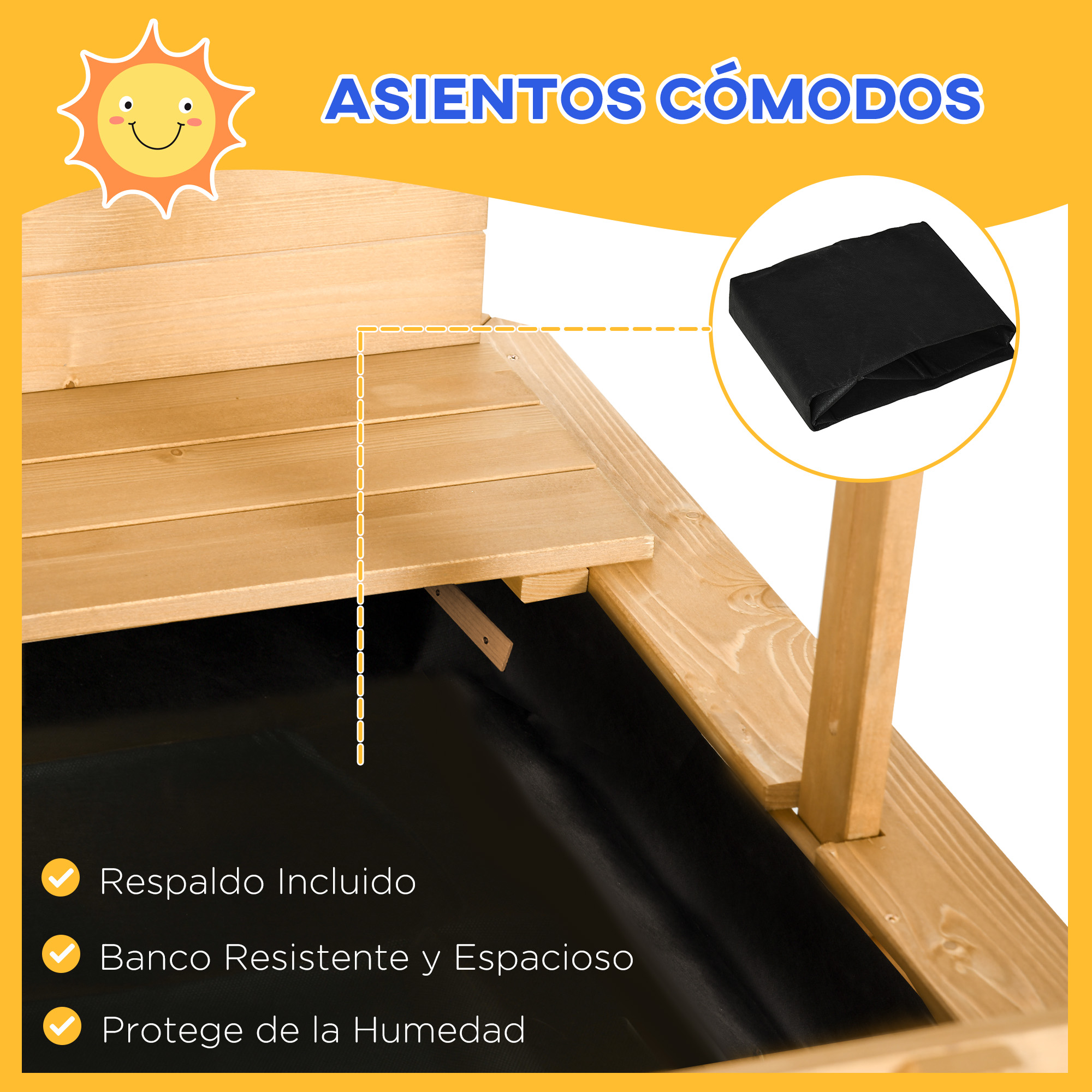 Arenero de madera con forro negro. Se muestra una tela negra doblada. Texto en español destaca características.