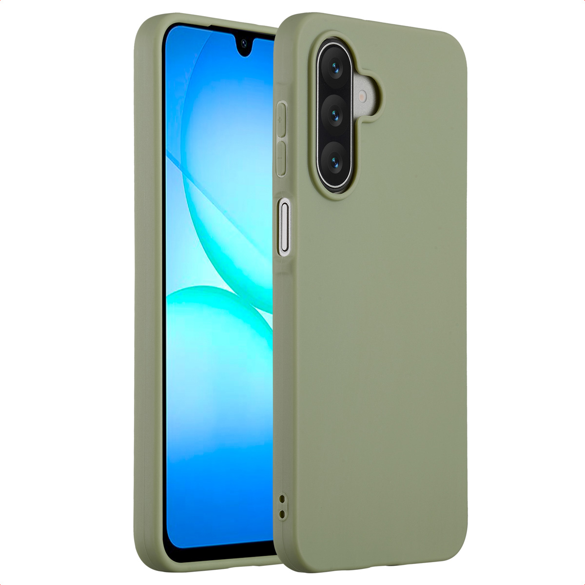 Een groene telefoonhoes staat naast een telefoon. De telefoon toont een blauw en wit abstract ontwerp. De hoes heeft uitsparingen voor camera en knoppen.