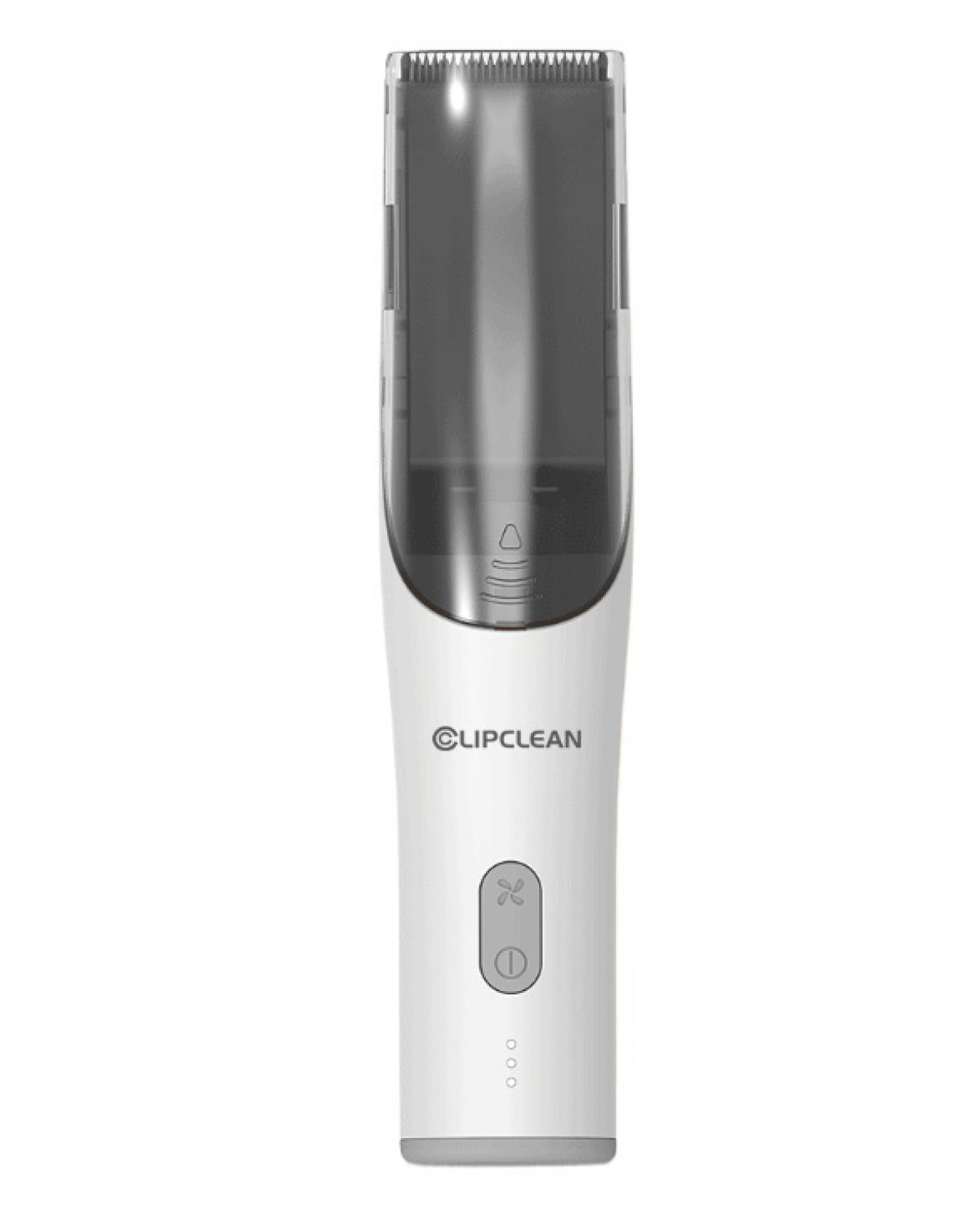 Ein weiß-grauer Clipclean-Haarschneider auf weißem Hintergrund. Der Trimmer hat einen transparenten Kopf und eine Taste mit Anzeigen.