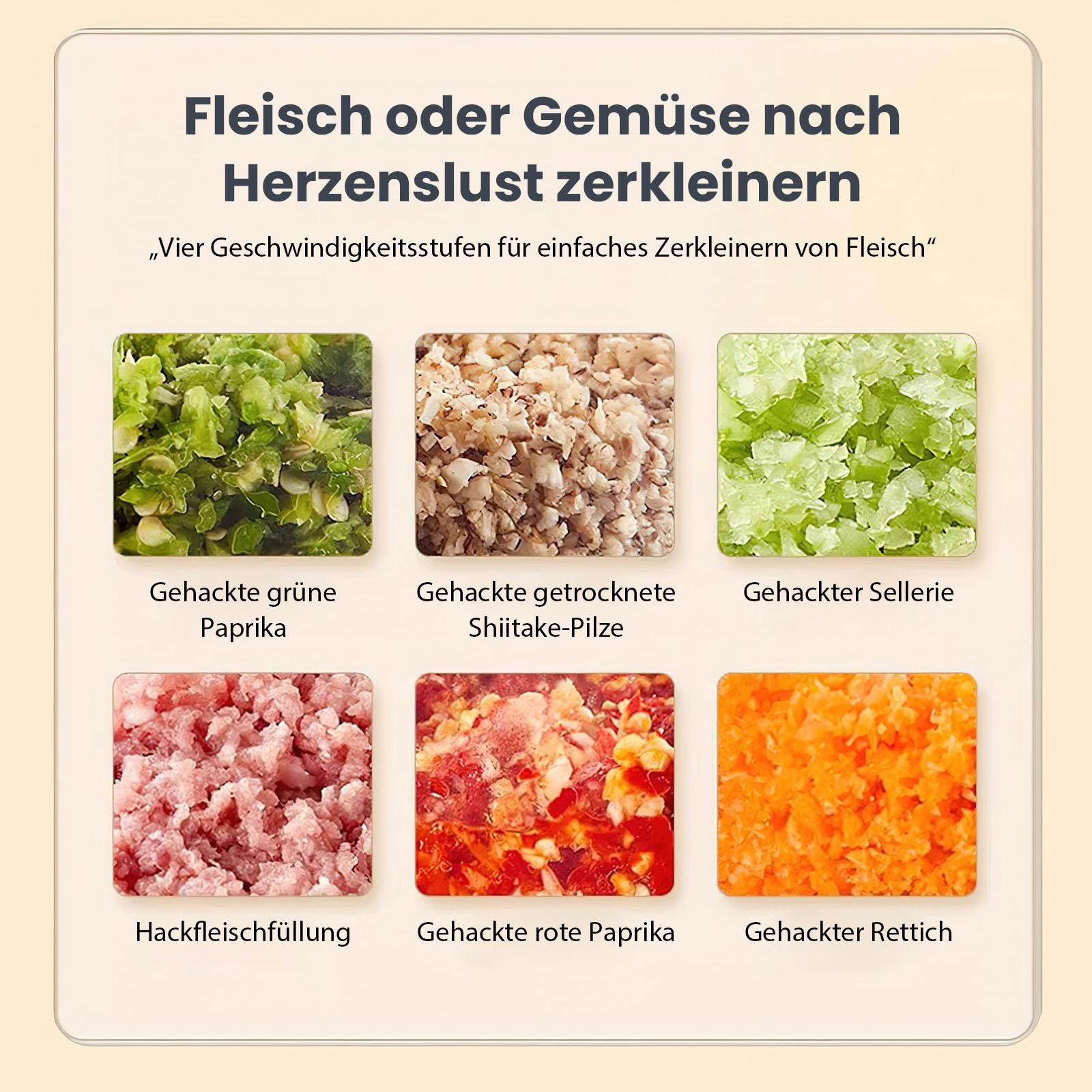 Ein Bild zeigt gehacktes Gemüse und Fleisch, darunter grüne Paprika, Pilze, Sellerie, Hackfleisch, rote Paprika und Rettich.