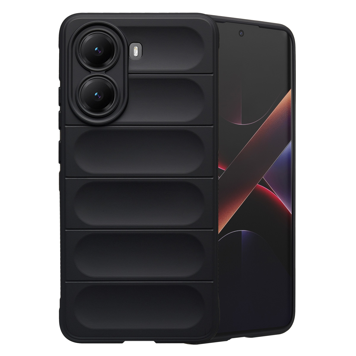 Coque de téléphone noire avec un design texturé, présentant un téléphone avec un écran sombre. La coque a des découpes pour l'appareil photo et des rainures.