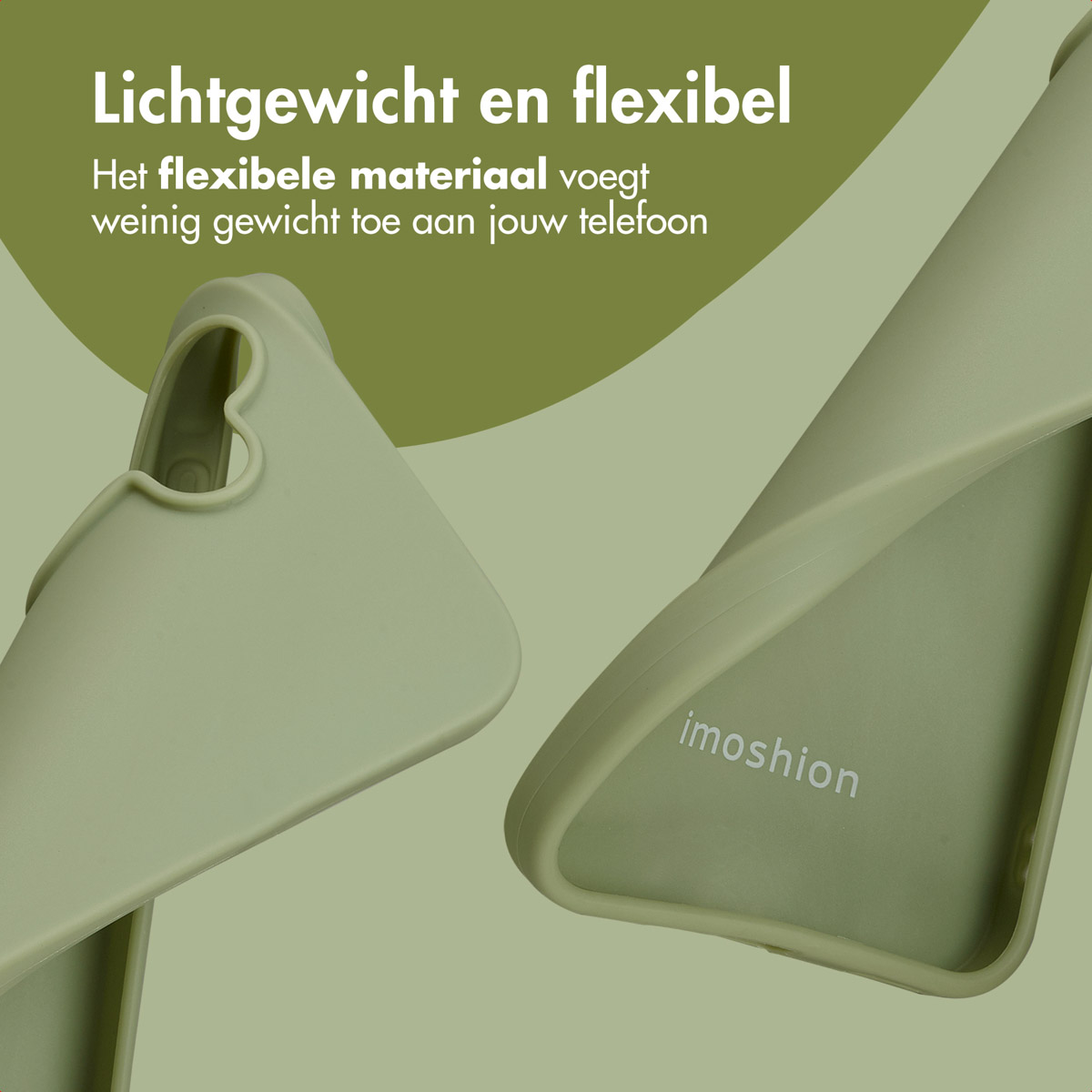 Twee groene telefoonhoesjes tegen een lichtgroene achtergrond, met Nederlandse tekst. Het merk 'imoshion' is zichtbaar.
