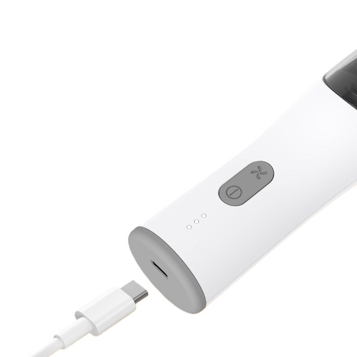 Ein weißes und graues elektronisches Gerät mit USB-C-Anschluss wird mit einem weißen Kabel aufgeladen. Der Hintergrund ist weiß.