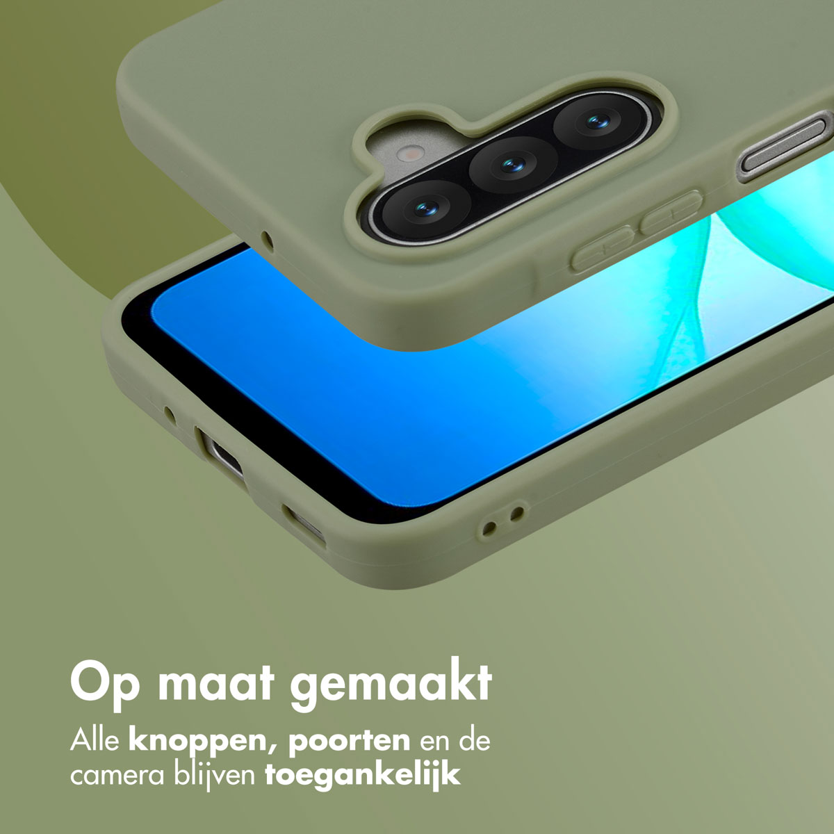 Groene telefoonhoes die gedeeltelijk een telefoonscherm bedekt. De hoes heeft uitsparingen voor de camera en knopafdekkingen. Tekst onderaan.