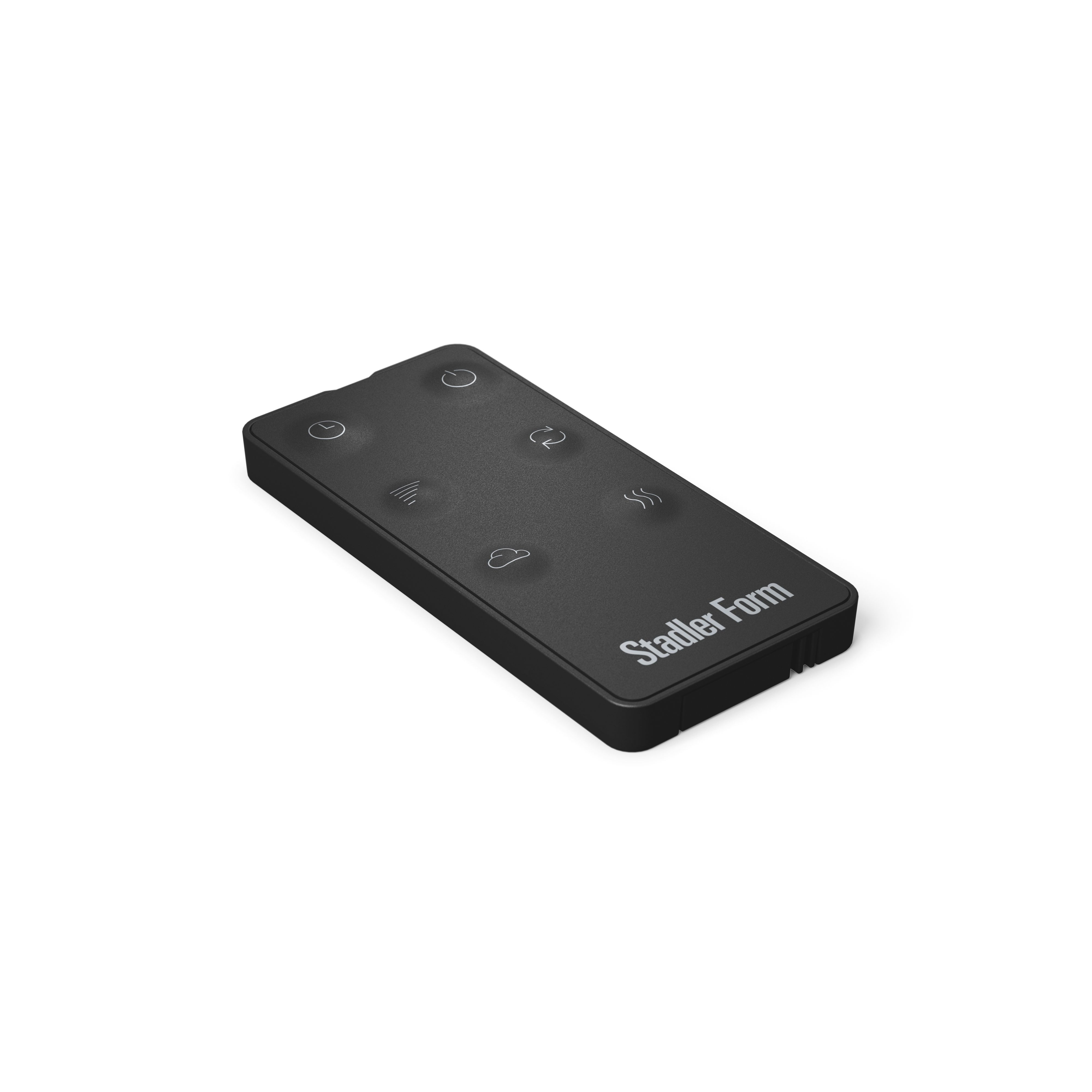 Black Stadler Form remote with power, mist, and fan icons against a white background.