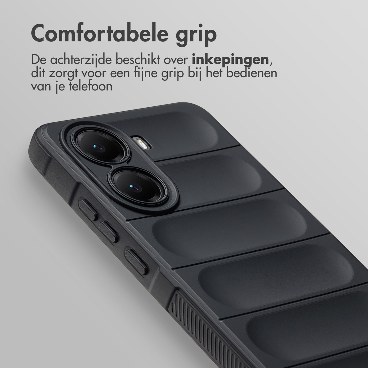Coque de téléphone noire avec objectifs, dos texturé pour l'adhérence. Le texte dit 'Prise confortable' et décrit les caractéristiques.