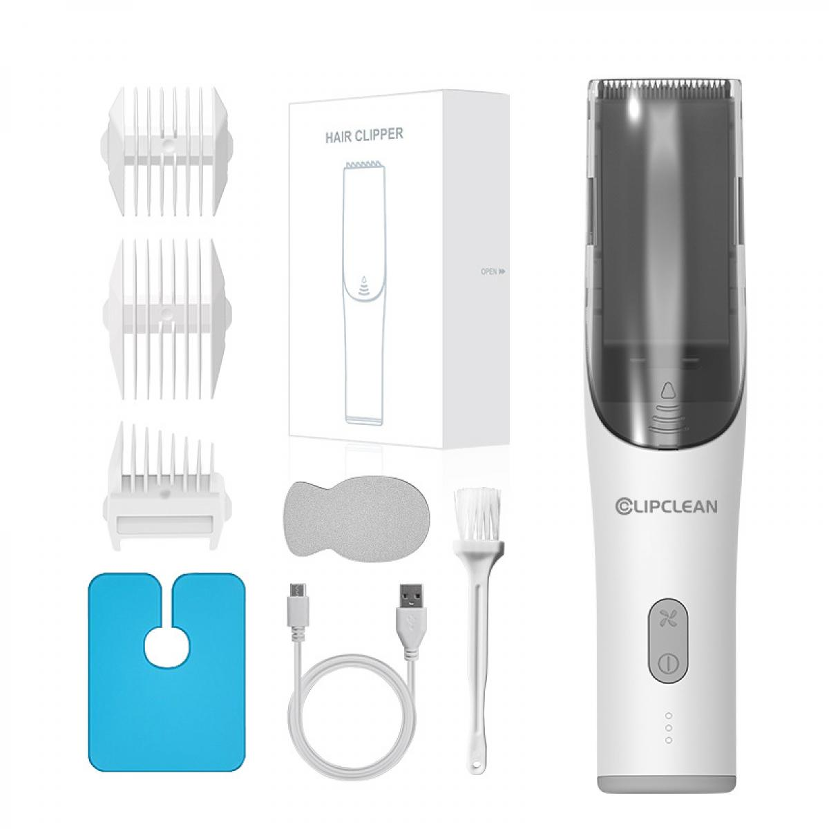 Ein weiß-graues Haarschneide-Set. Enthält Clipper, Aufsätze, Ladekabel, Bürste, Box und Reinigungspad. Alles auf weißem Hintergrund.