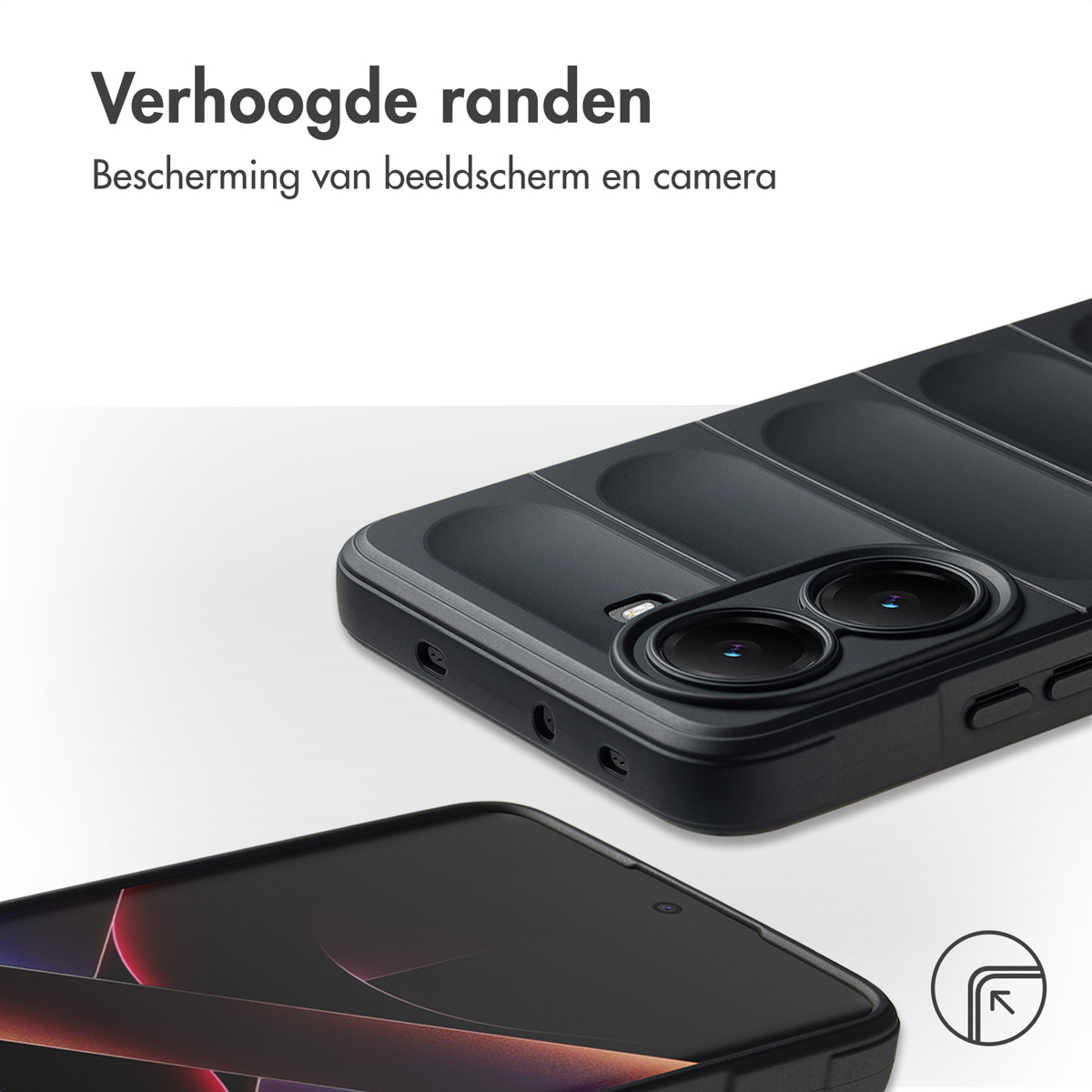 Gros plan sur une coque de téléphone noire avec des bords surélevés, protégeant l'écran et l'appareil photo. Le fond est blanc.