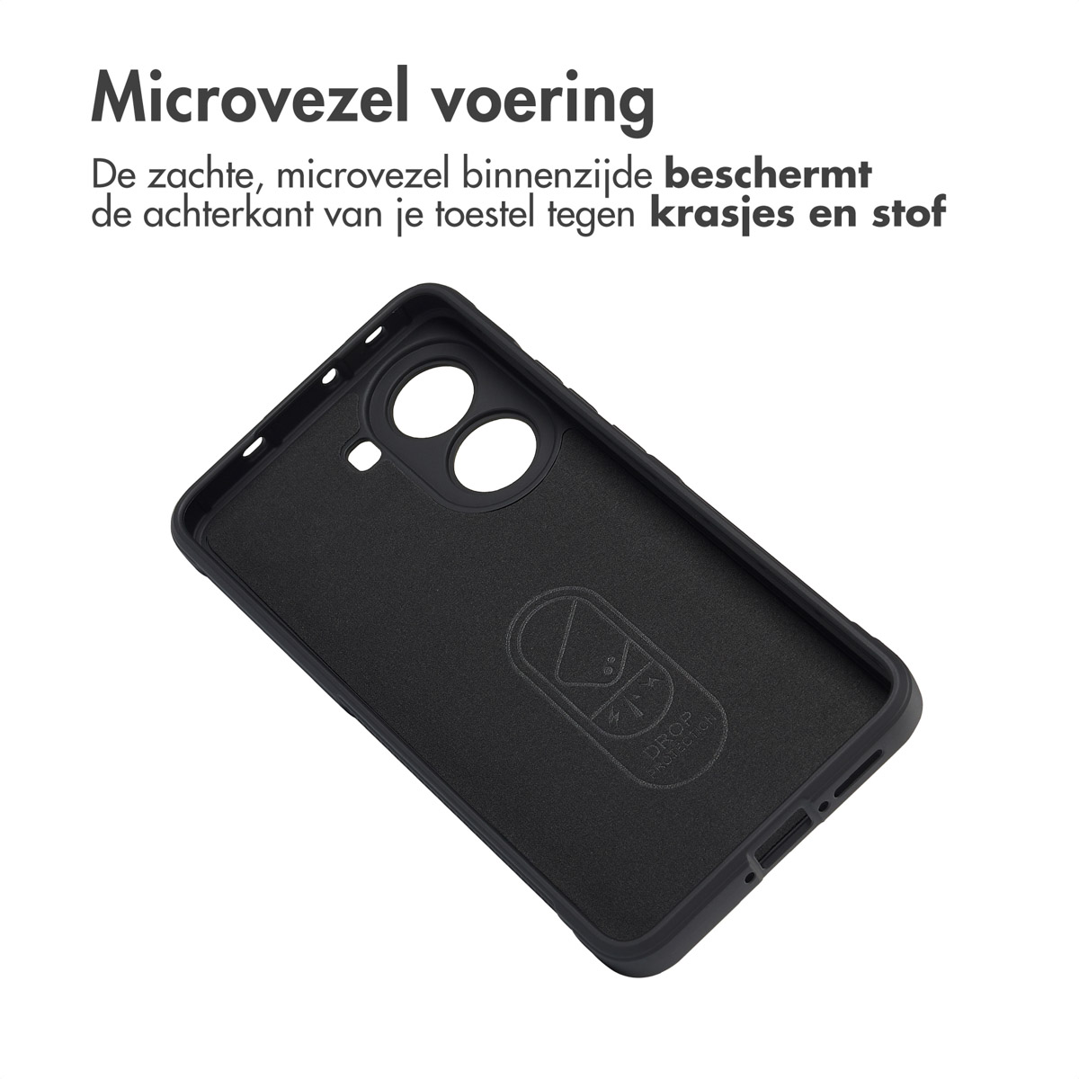 Intérieur d'étui de téléphone noir, avec trous pour la caméra. Texte : 'Microvezel voering' et 'beschermt tegen krasjes en stof'.
