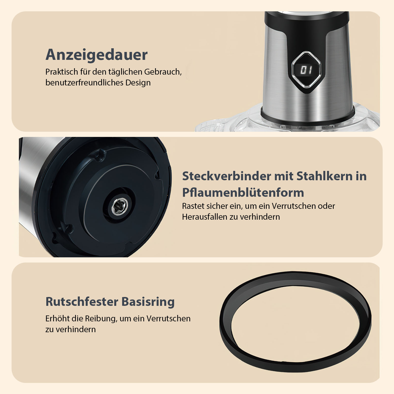 Nahaufnahme eines Küchengeräts. Es zeigt die Oberseite mit Display, Stecker und Gummiring. Text ist ebenfalls sichtbar.