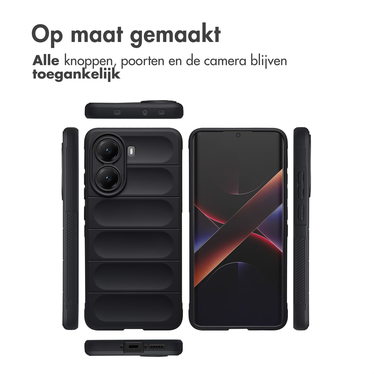 Coque de téléphone noire avec téléphone à l'intérieur, présentant l'accessibilité des boutons, ports et caméra. La coque est sur mesure.
