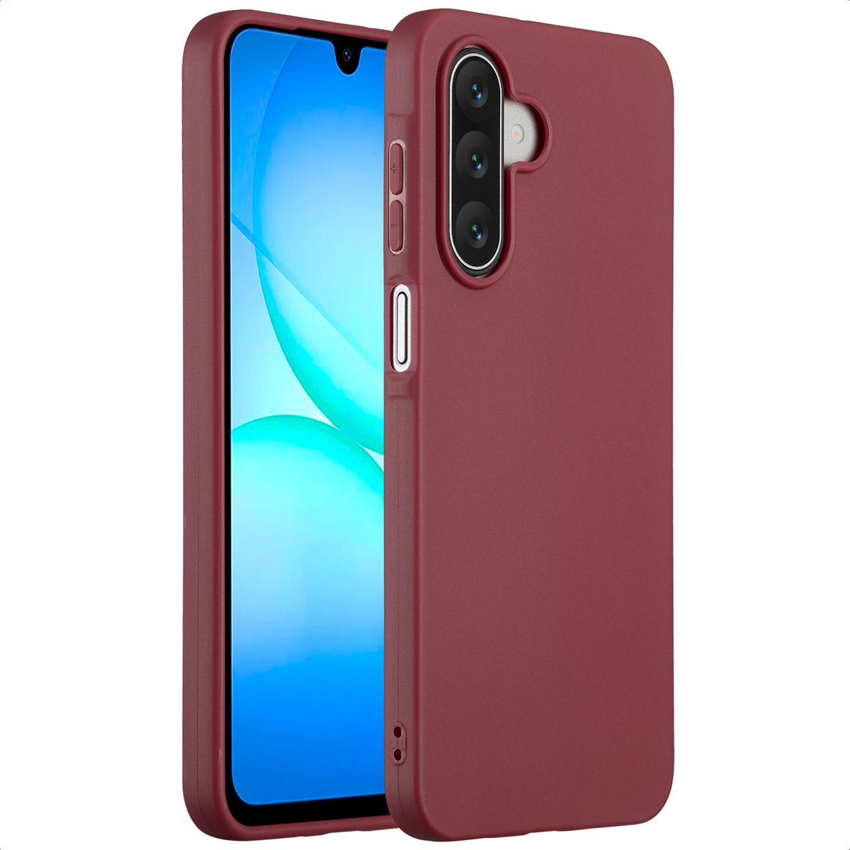 Een bordeauxrode telefoonhoes met een telefoon erin. De telefoon heeft een scherm en de hoes heeft knoppen en cameralenzen.
