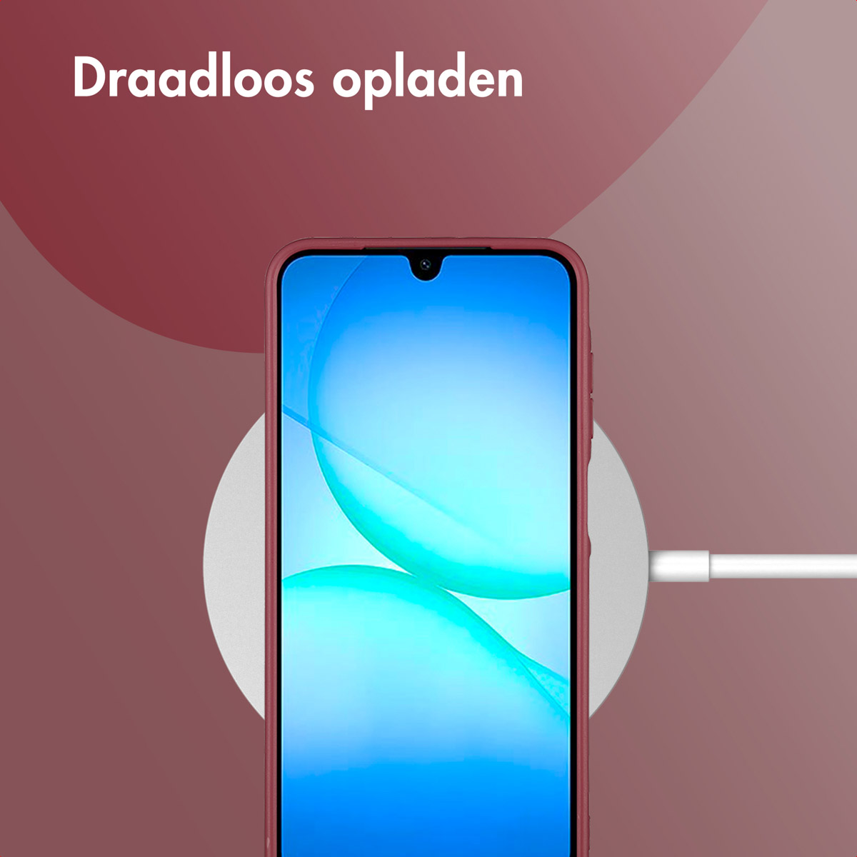 A phone is charging wirelessly on a pad. The phone has a blue screen with white lines. The background is maroon.