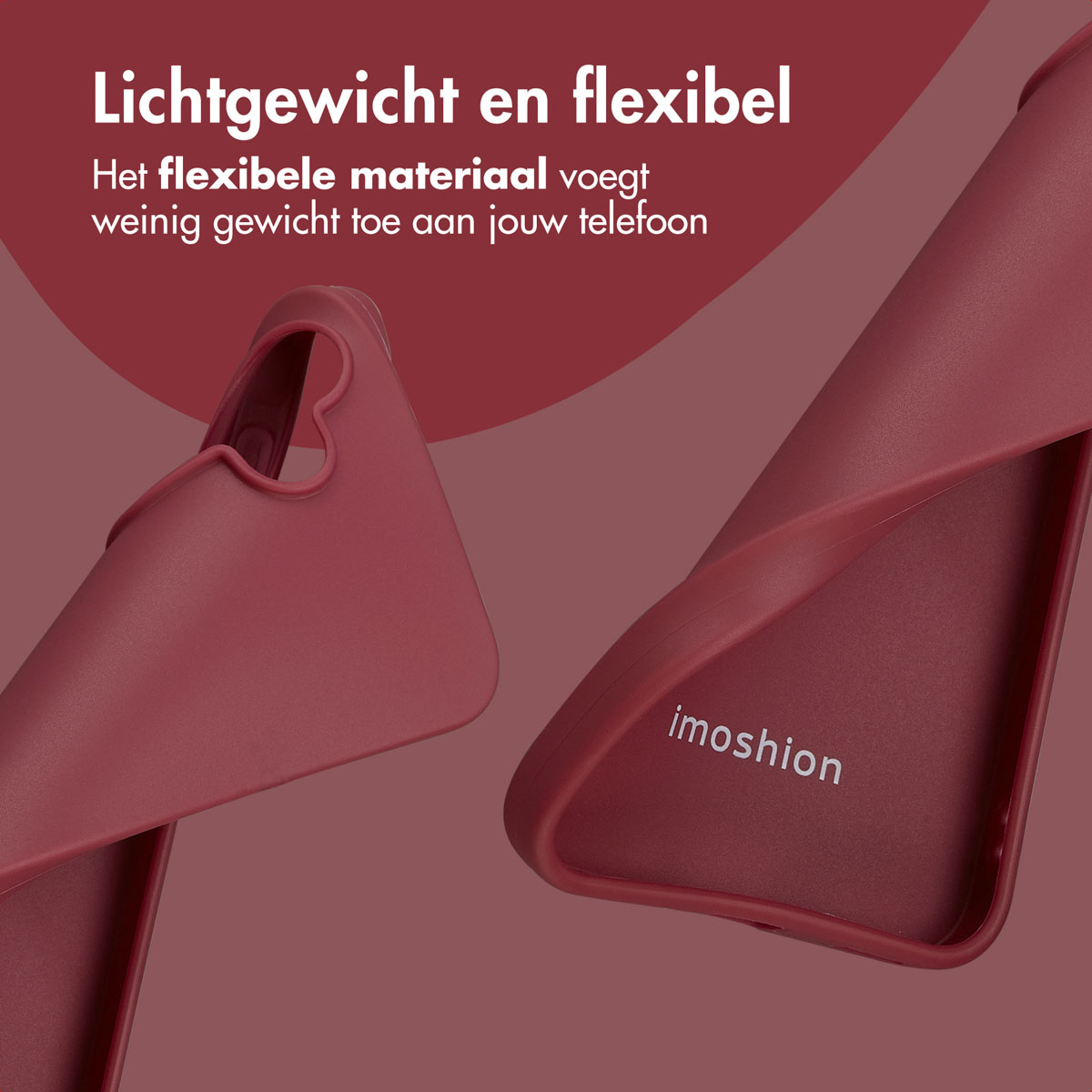 Twee rode telefoonhoesjes, één gebogen, op rode achtergrond. Tekst: 'Lichtgewicht en flexibel'. Imoshion logo zichtbaar.
