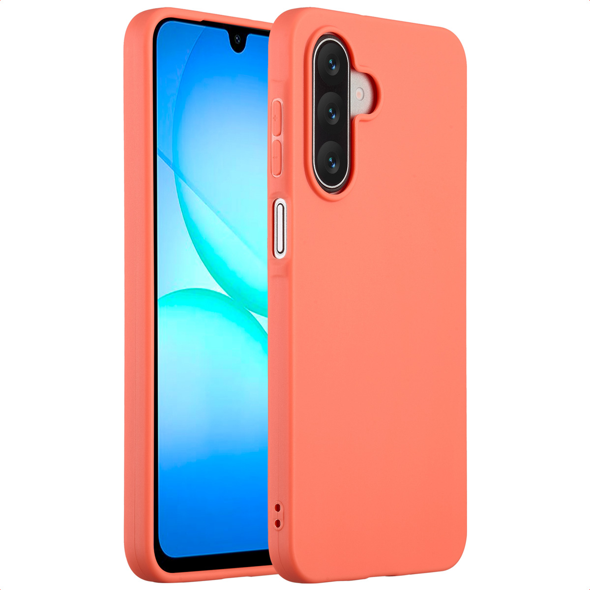 Een oranje telefoonhoesje naast een telefoon met een blauw-wit scherm, beide op een witte achtergrond.