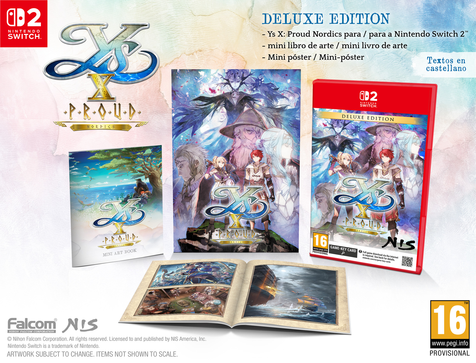 Edición Deluxe de Ys X para Nintendo Switch, con caja, libro de arte y póster. Personajes representados. Clasificación PEGI 16.