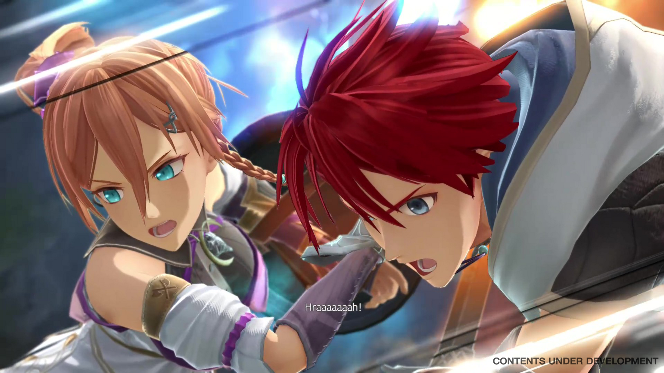 Dos personajes de anime con expresiones decididas. Uno con cabello rojo, otro con cabello castaño y una trenza, ambos en acción.
