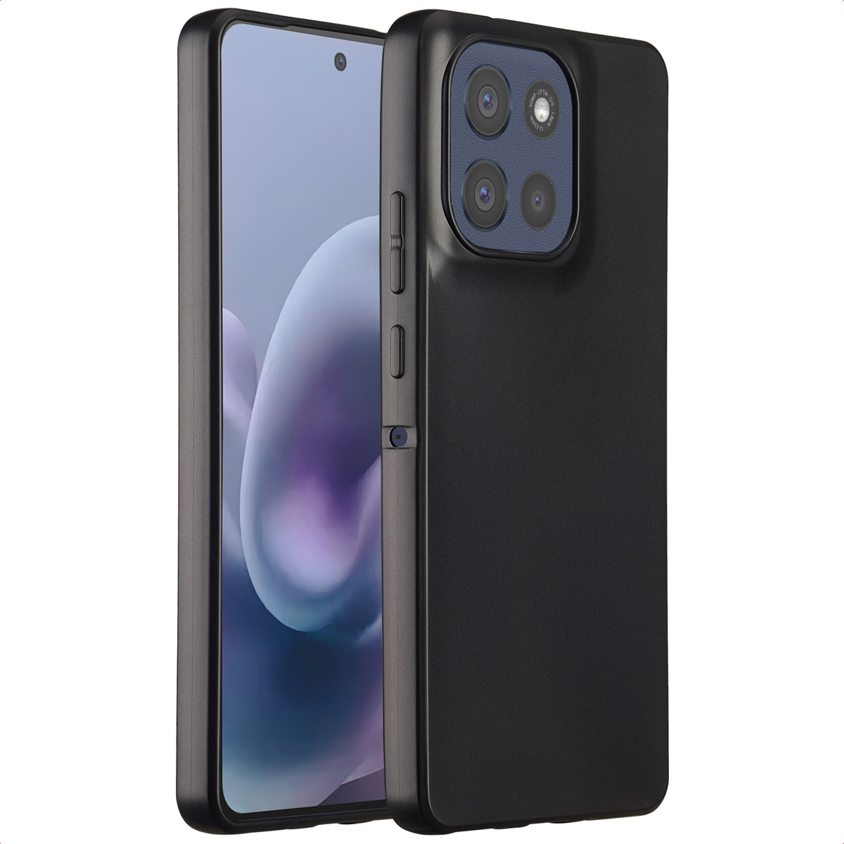 Een zwarte smartphone in een zwarte hoes. De telefoon is gedeeltelijk zichtbaar en toont het scherm. De hoes heeft een cameramodule.