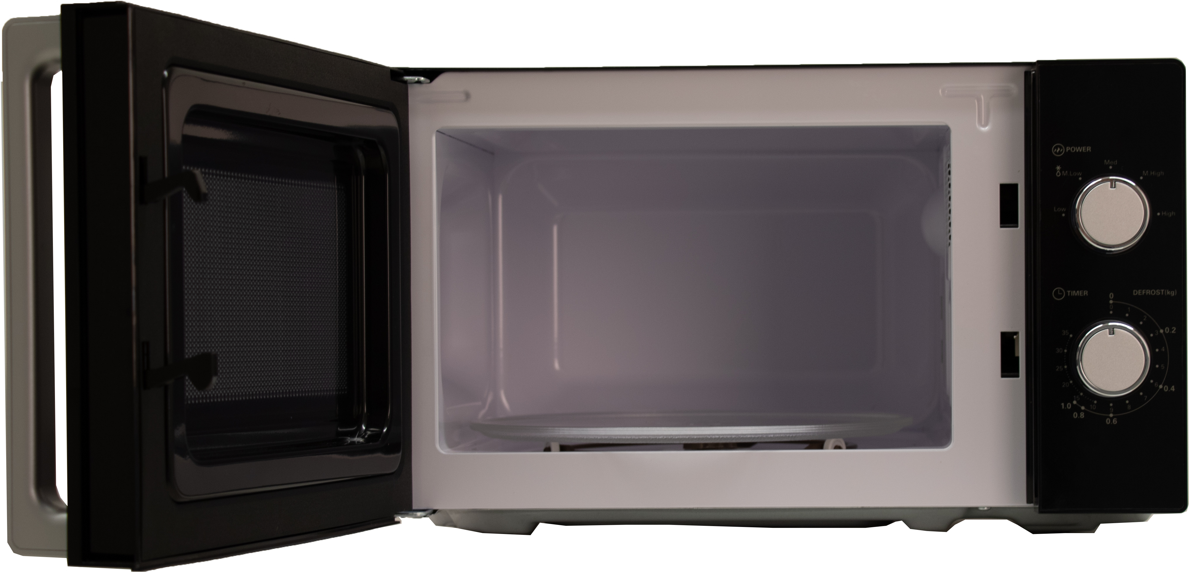 Een open magnetron, zwarte deur, wit interieur, bedieningspaneel rechts met knoppen voor vermogen en timer.