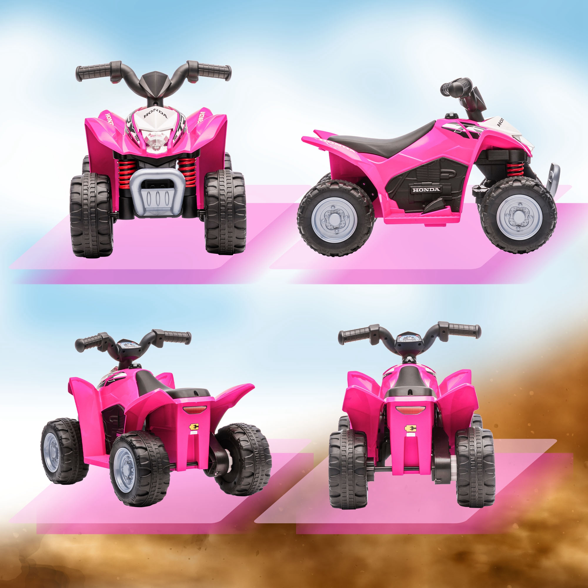 Cuatro vistas de un juguete ATV Honda rosa. Tiene neumáticos negros, un asiento negro y el logotipo de Honda.