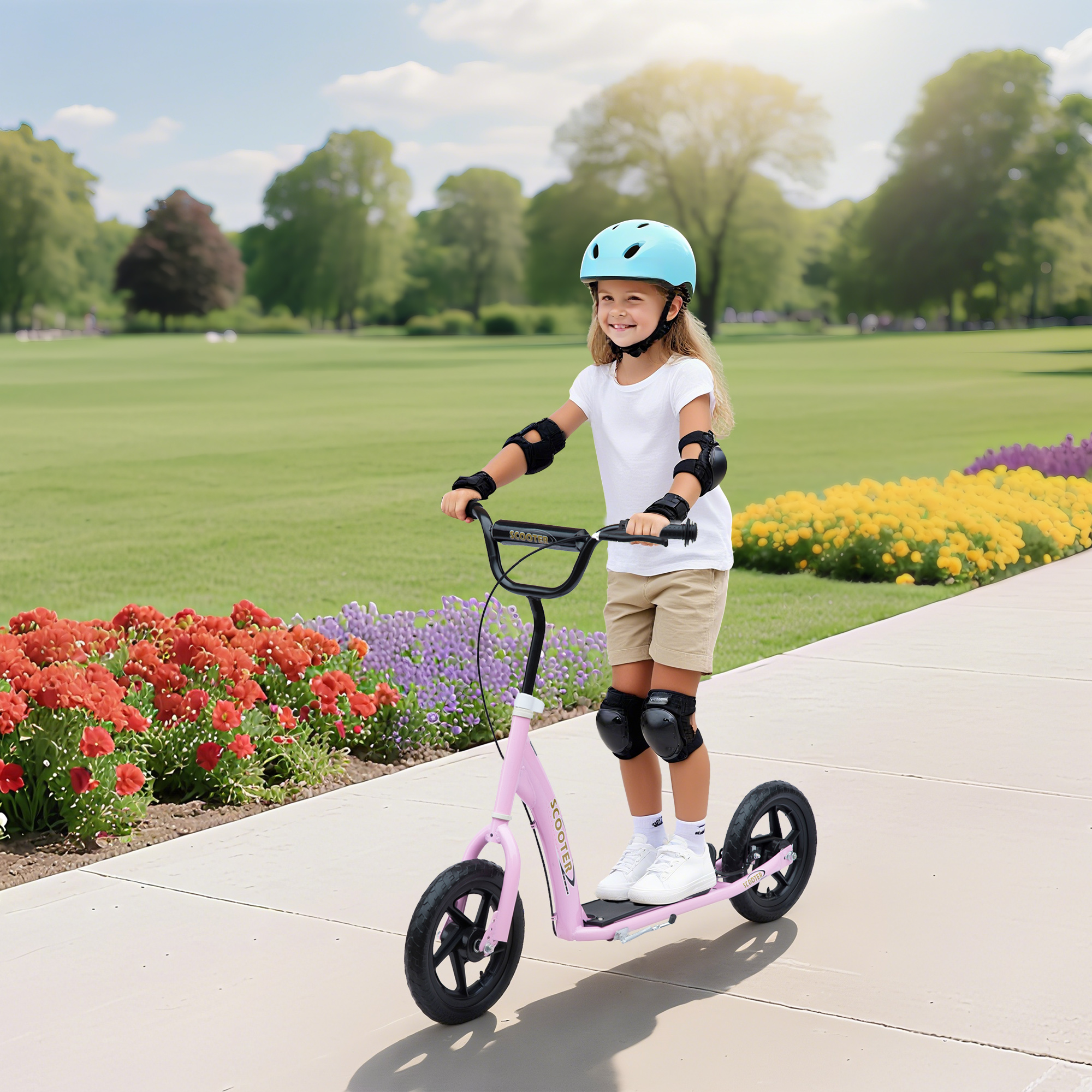 Una niña en un patinete rosa en un parque. Lleva un casco azul y equipo de seguridad. Flores rojas, amarillas y moradas bordean el camino.