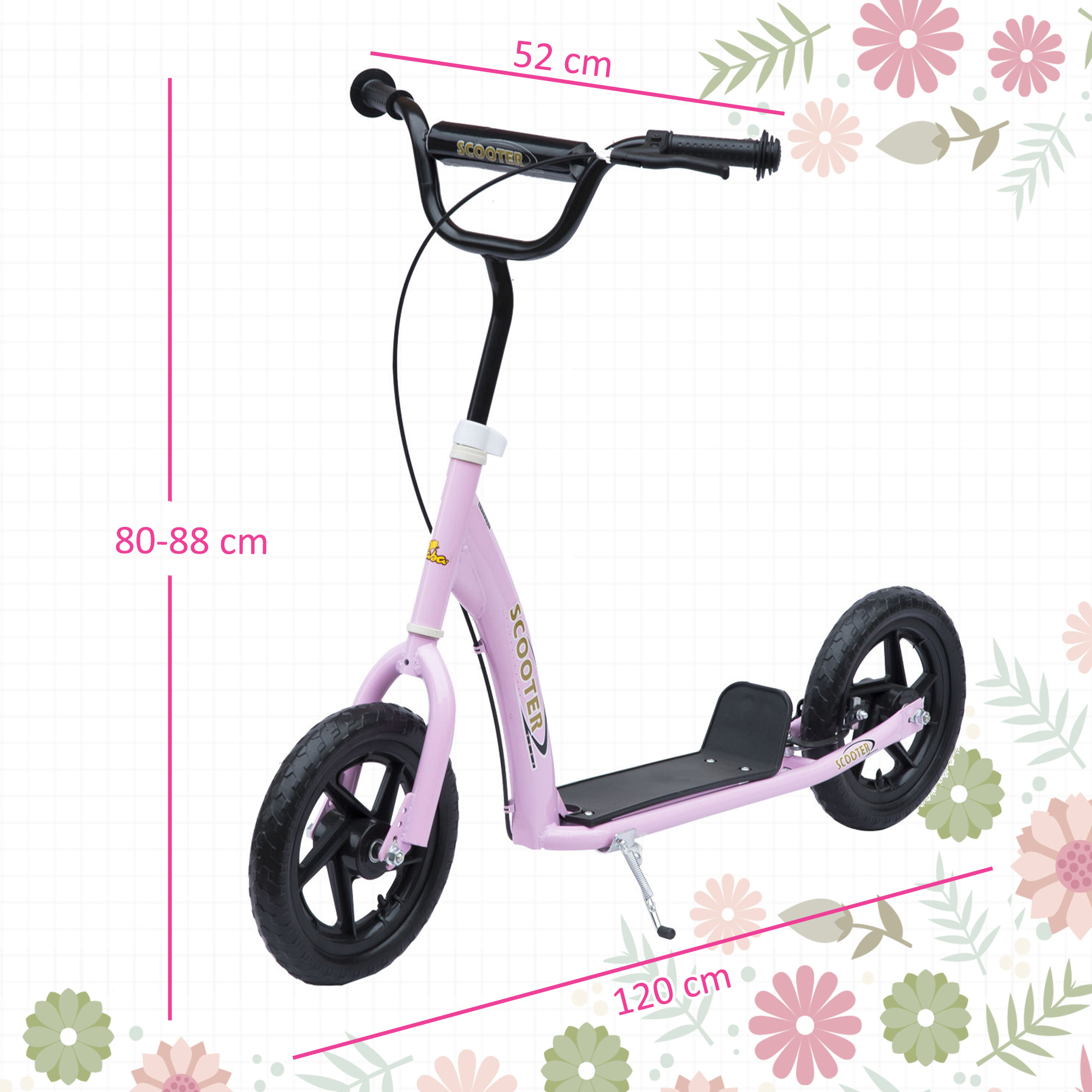 Patinete rosa con manillar y ruedas negras. Dimensiones: 52 cm de ancho, 80-88 cm de alto, 120 cm de largo. Fondo floral.