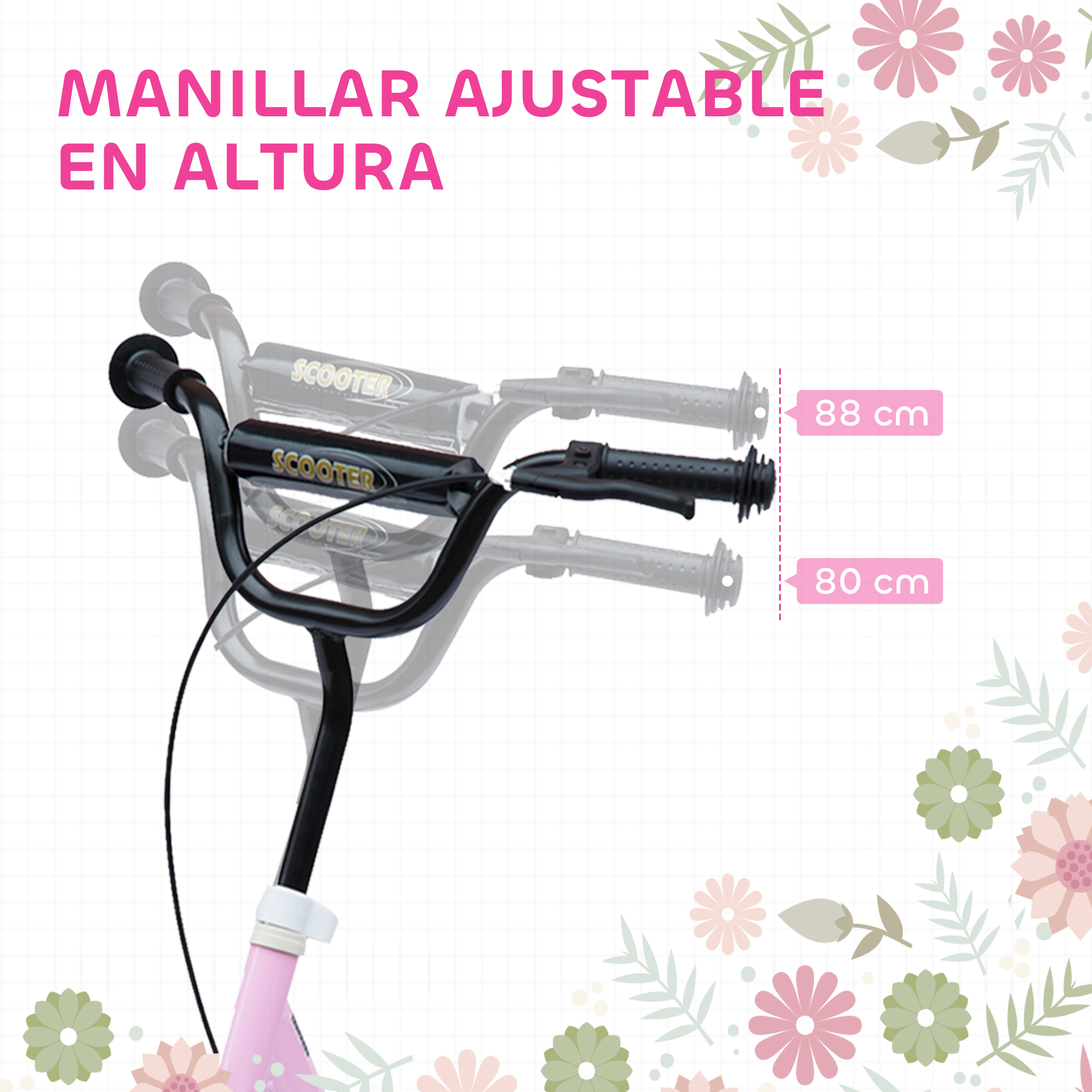 Un manillar de scooter muestra altura ajustable, con medidas de 80 cm y 88 cm. Elementos rosa y negro. Fondo floral.