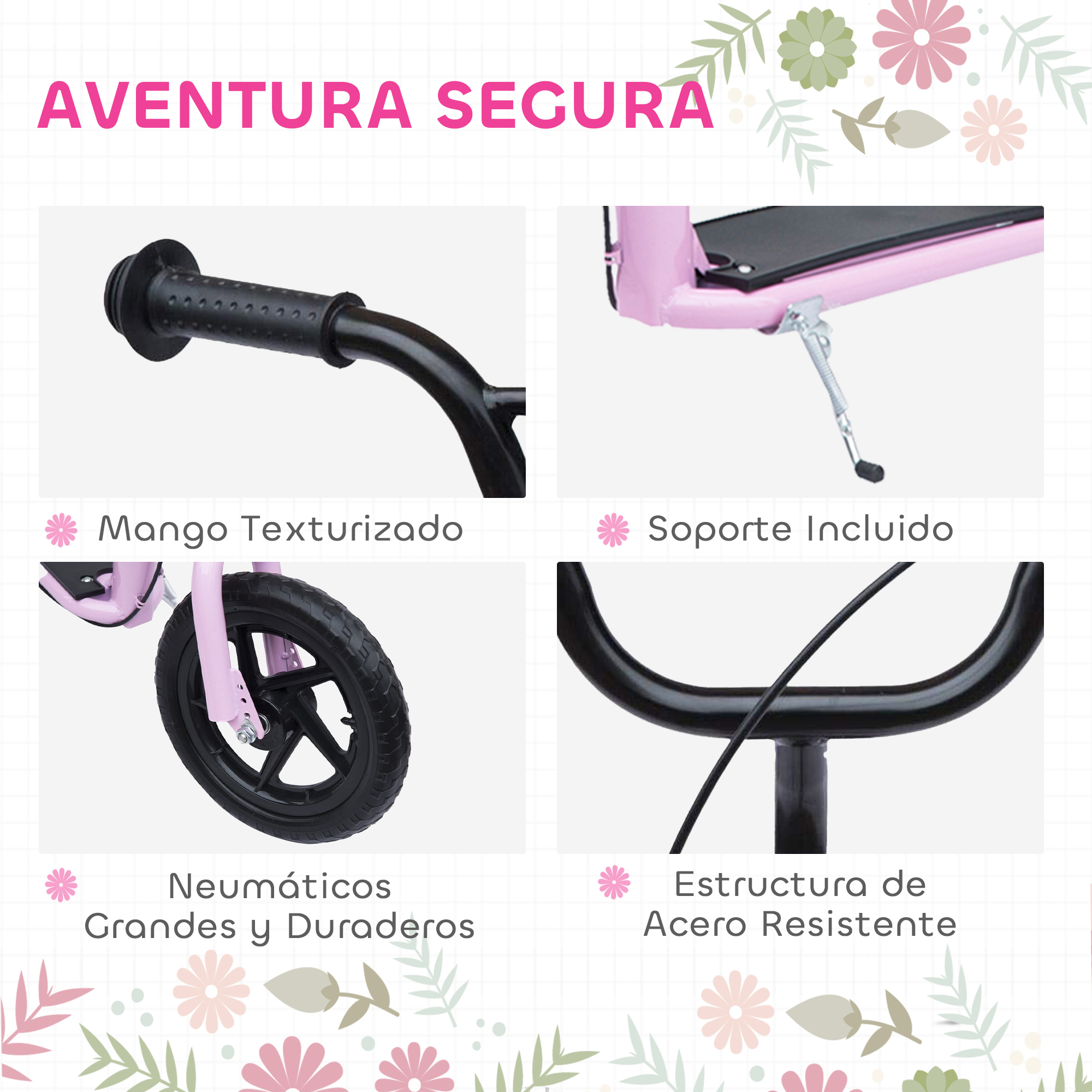 Piezas de scooter rosa con neumáticos negros, empuñaduras y detalles del cuadro. El texto dice 'Aventura Segura' en rosa.