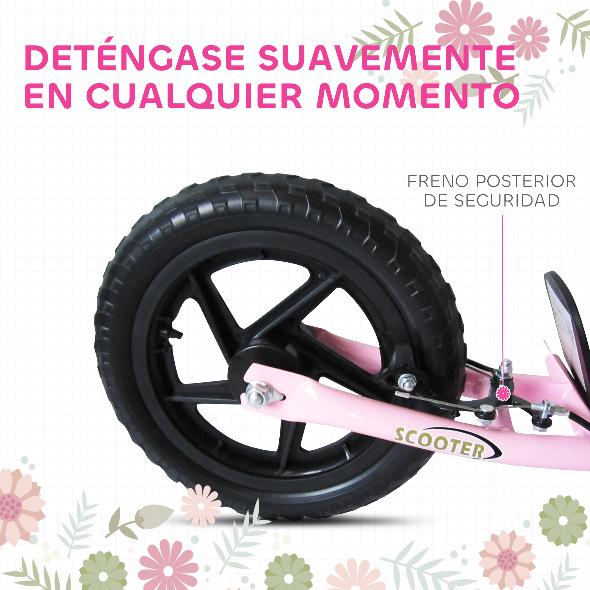 Rueda de scooter rosa con neumático negro, texto dice 'deténgase suavemente en cualquier momento' y 'freno posterior de seguridad'.