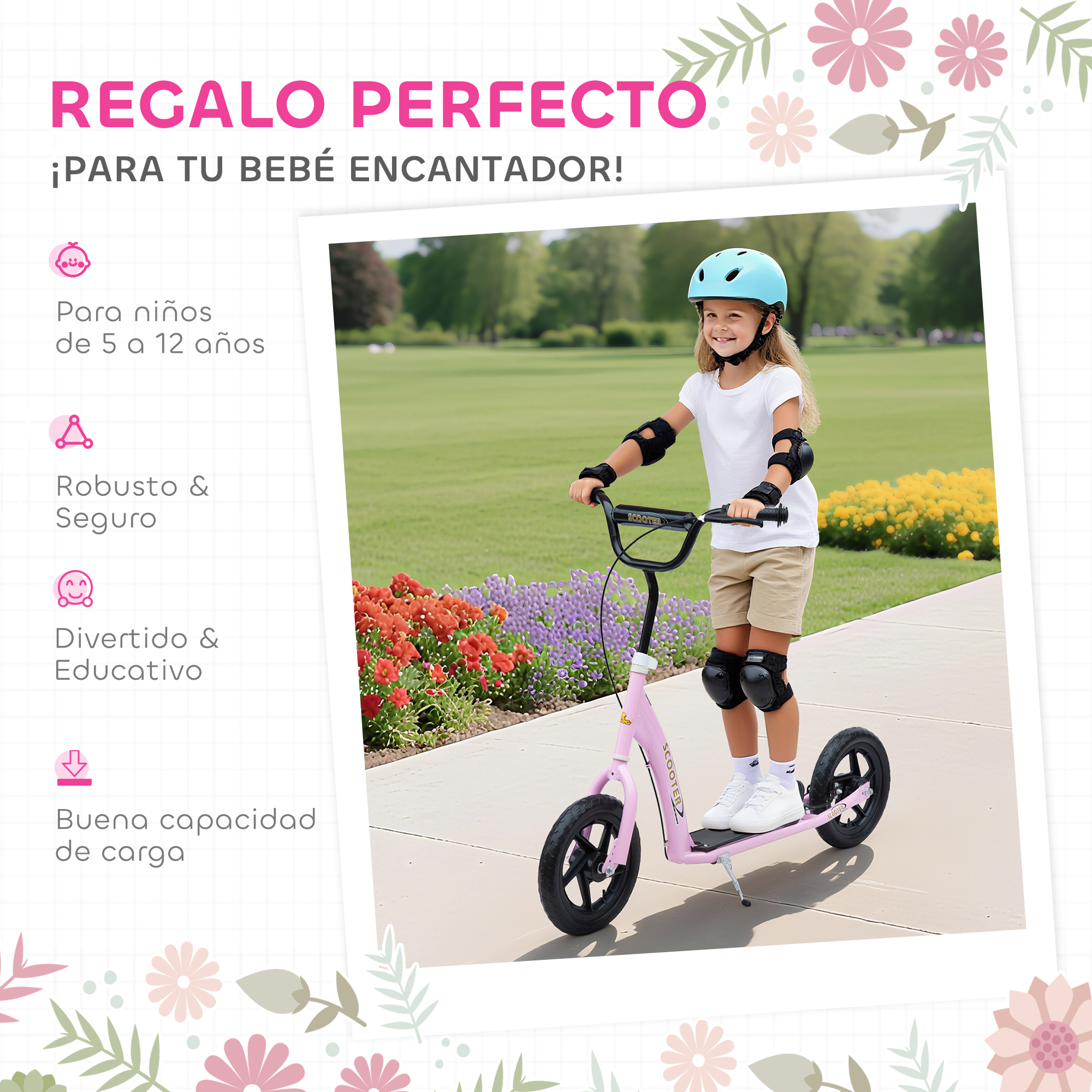 Una niña con casco anda en patinete rosa en un camino, flores al fondo. Texto: 'Regalo Perfecto'.