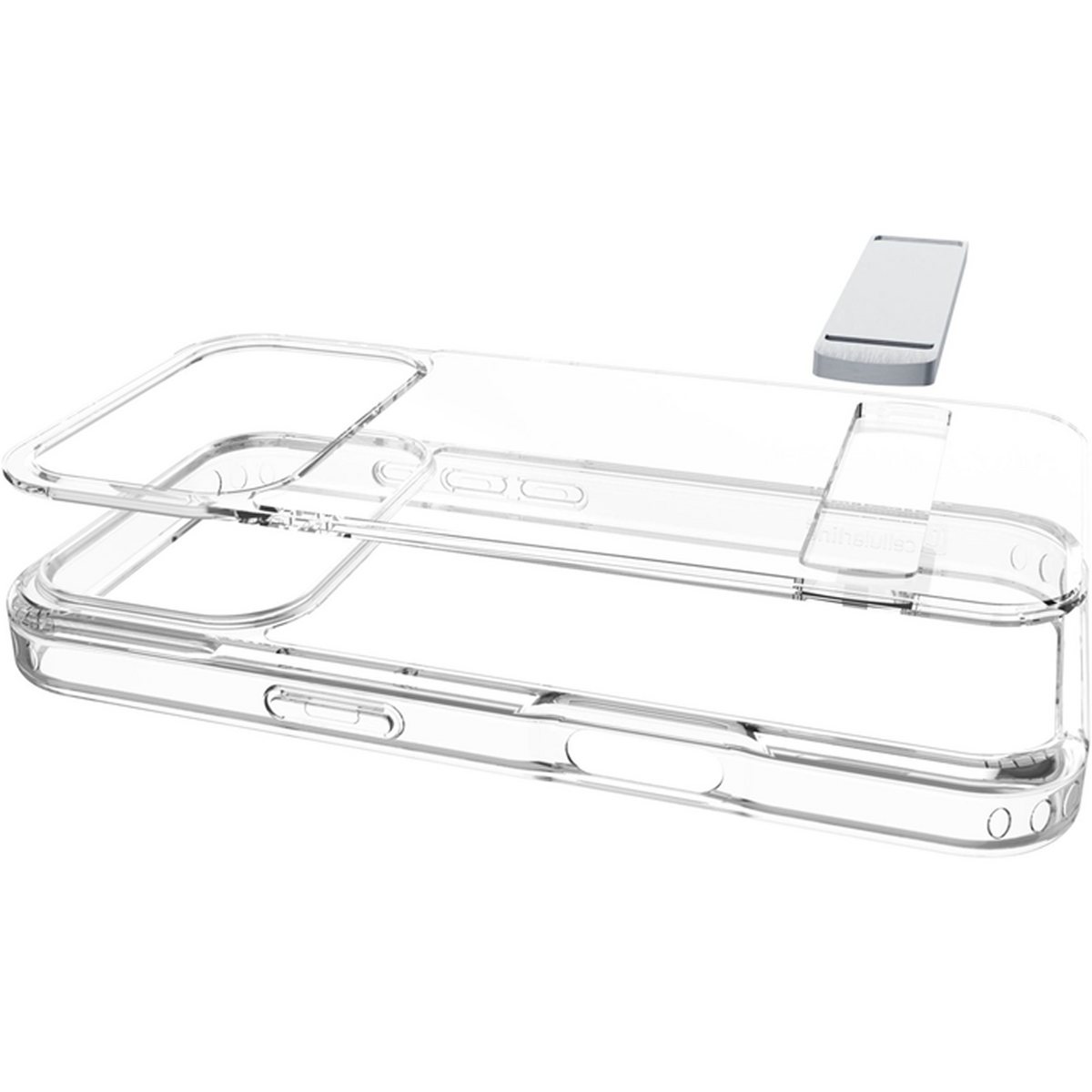 Coque de téléphone transparente en deux parties, avec un support argenté. La coque est transparente, montrant le design du téléphone. Le support est rectangulaire.