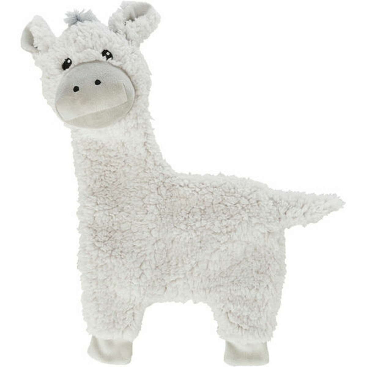 Un juguete de peluche de llama blanca con textura esponjosa. Tiene un hocico gris claro, orejas pequeñas y ojos negros, sobre un fondo blanco.