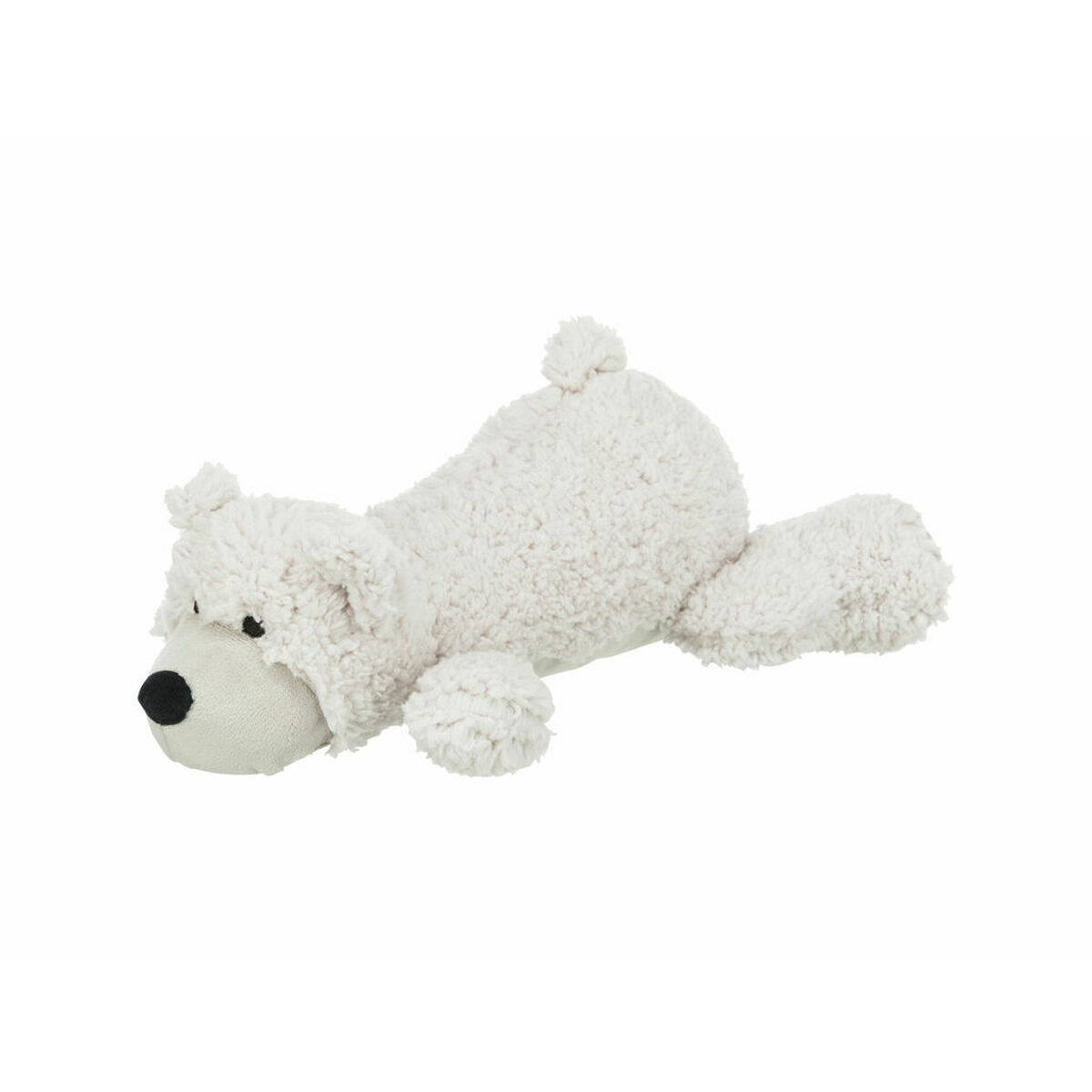 Un giocattolo di orso polare di peluche bianco giace su uno sfondo bianco. L'orso ha un naso nero e piccoli occhi neri.