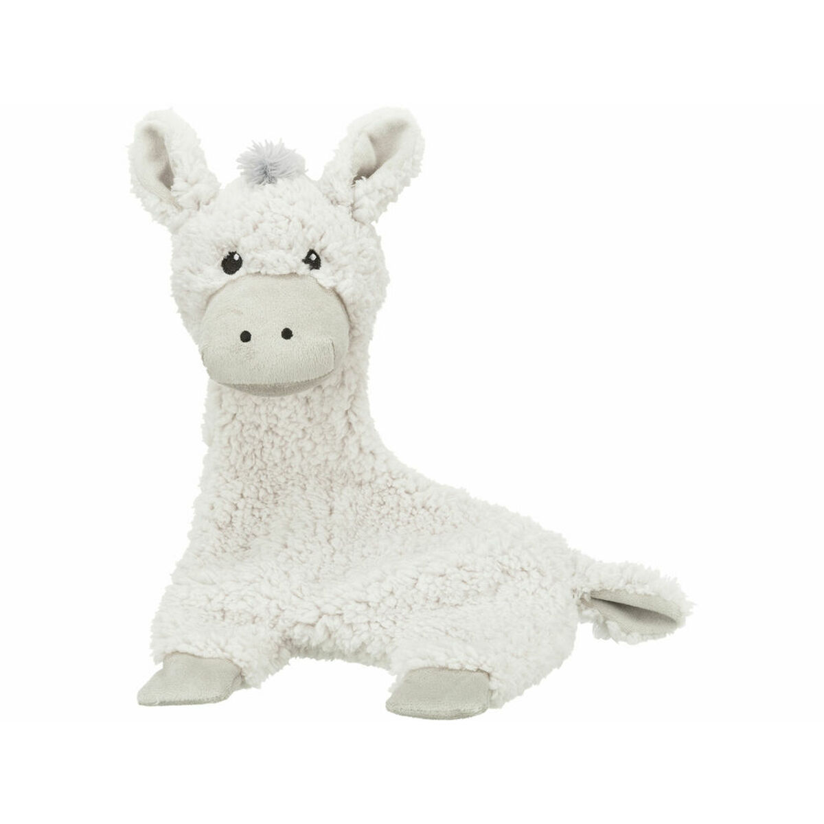 Un peluche de burro blanco con melena, orejas y pezuñas grises. Tiene una textura esponjosa y está sentado sobre una superficie blanca.
