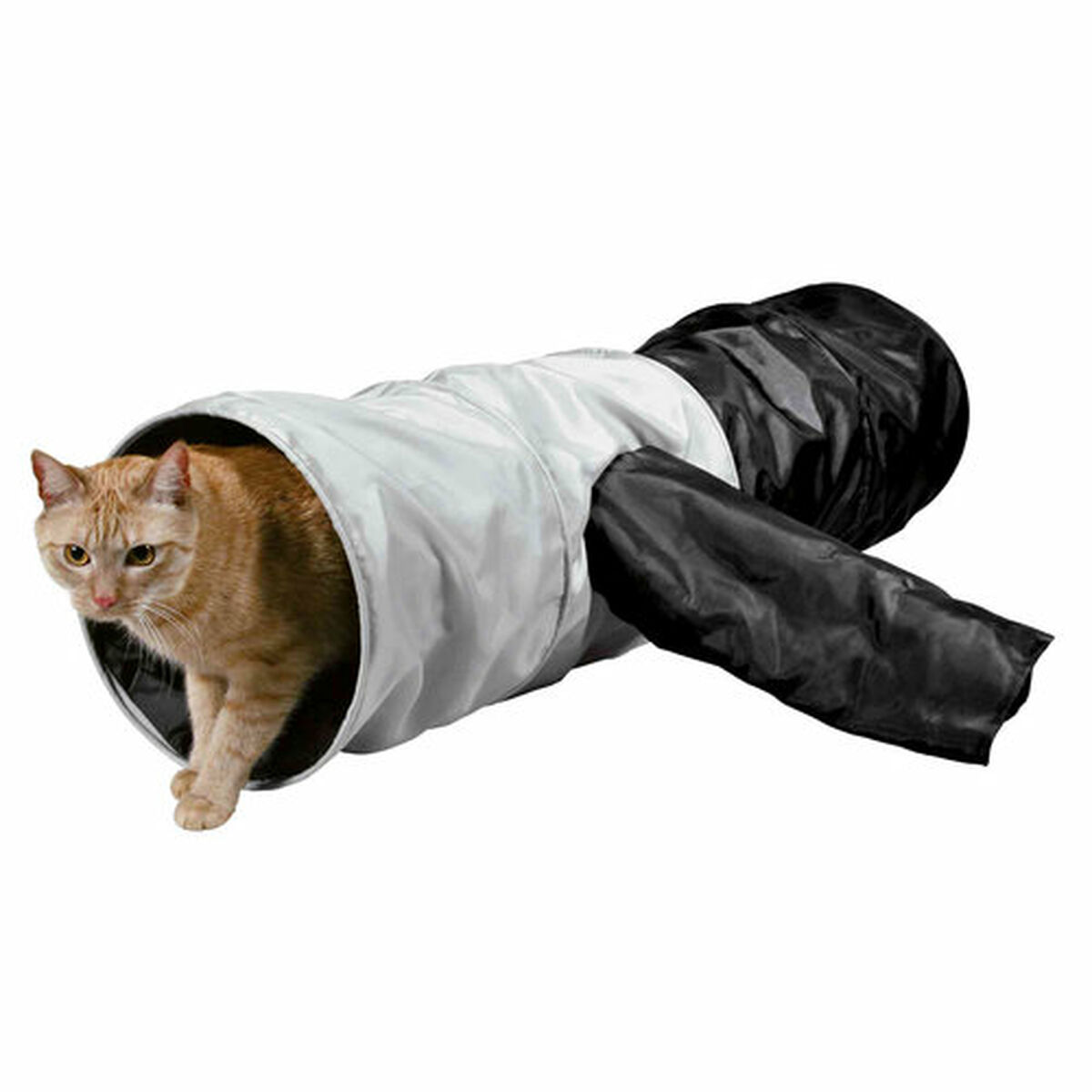 Un gato naranja sale de un túnel para gatos blanco y negro. El túnel está sobre un fondo blanco.