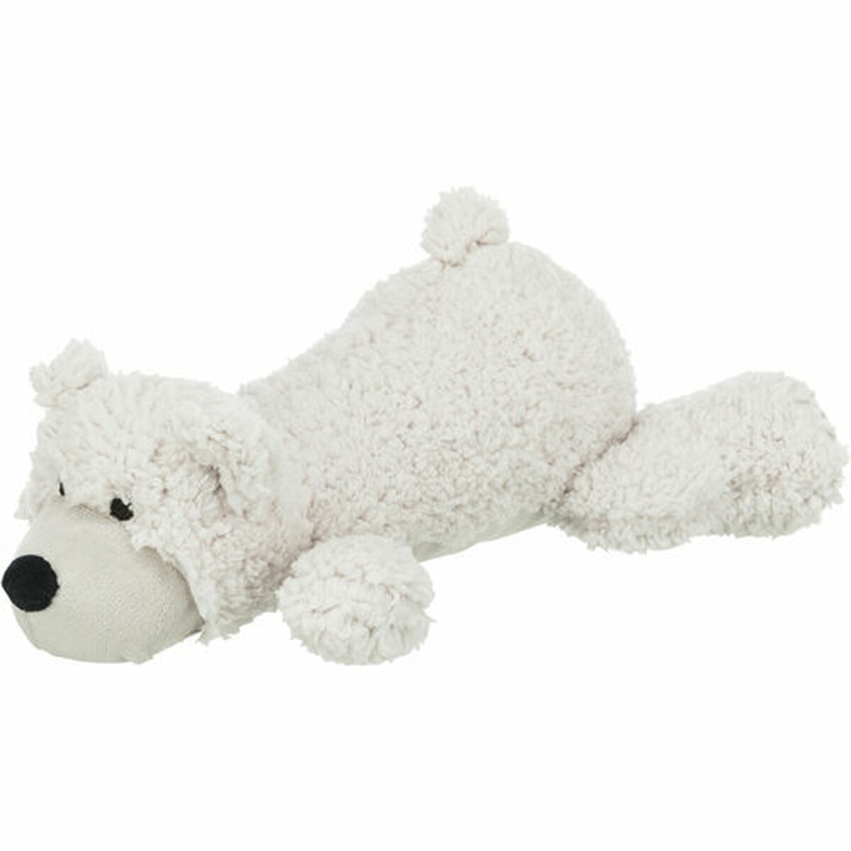 Un cane di peluche soffice e bianco sporco giace su uno sfondo bianco. Ha un naso nero e piccoli occhi neri.