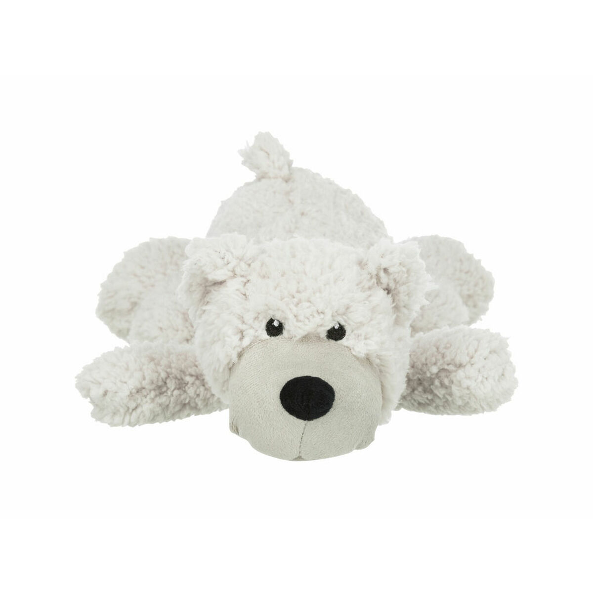 Un giocattolo a forma di orso di peluche grigio chiaro giace su una superficie bianca. Ha un naso grigio, un naso nero e piccoli occhi neri.