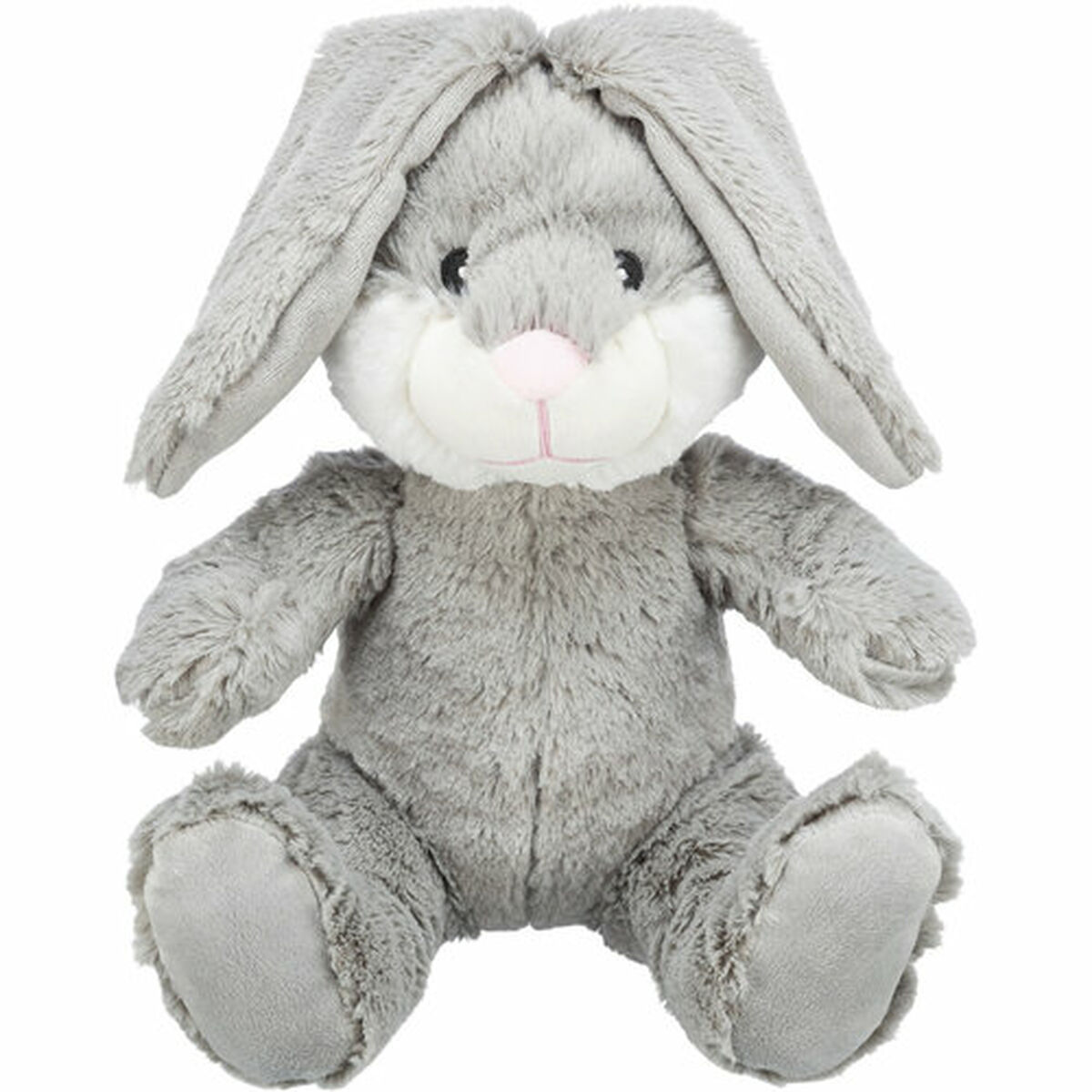 A gray plush bunny with long ears, a pink nose, and white fur around the mouth. It sits on a white background.