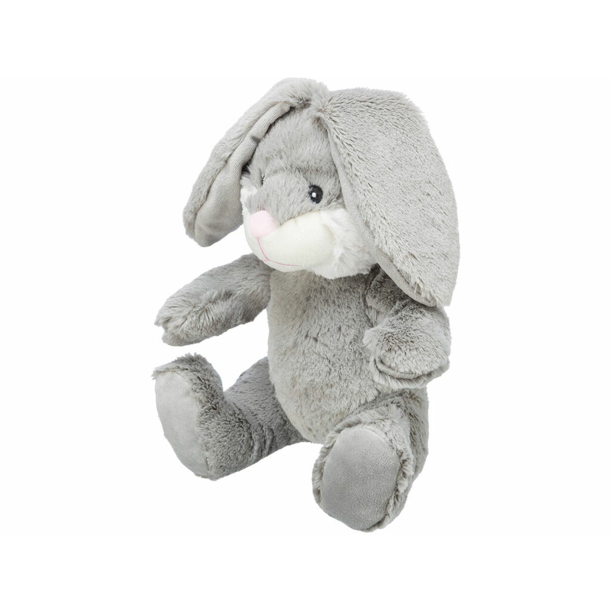 A gray plush bunny with long ears, sitting. It has a pink nose and white face. The background is plain white.