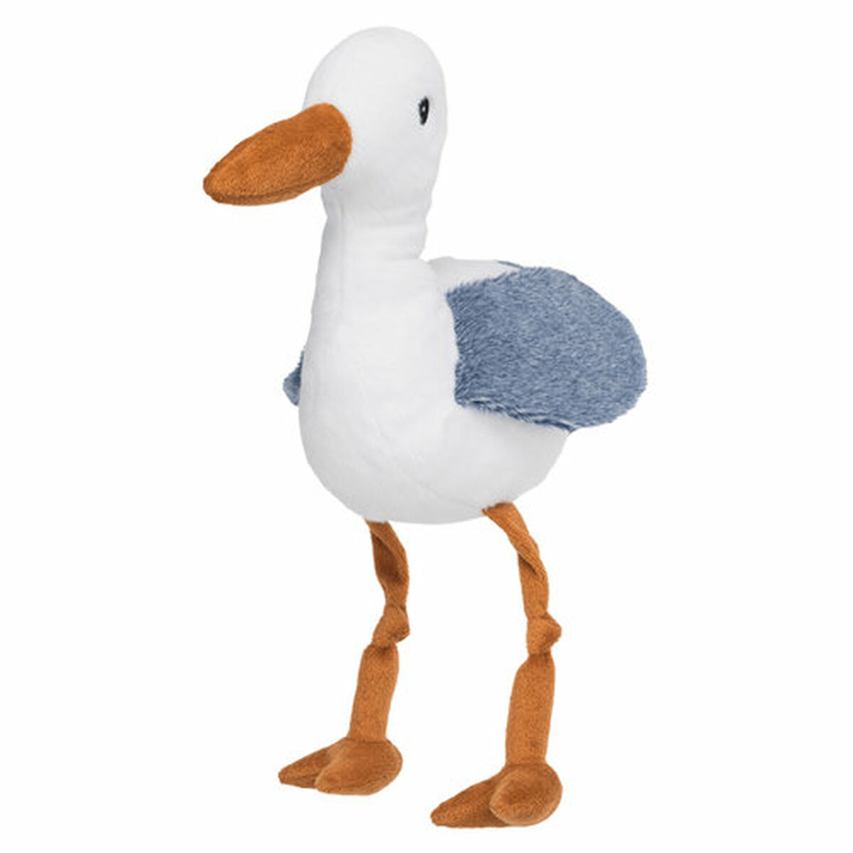 Ein Stofftier-Möwe. Sie hat einen weißen Körper, blaue Flügel, einen braunen Schnabel und Beine. Sie steht auf weißem Hintergrund.