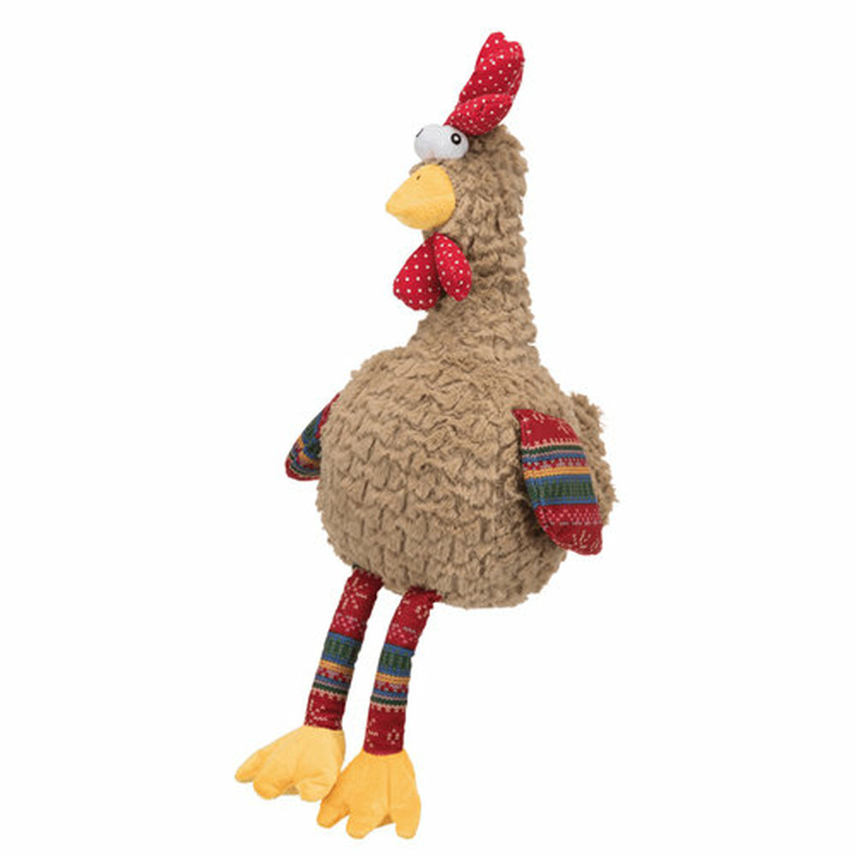 Un juguete de pollo de peluche con pelaje marrón, cresta y barbilla rojas, pico y patas amarillos, y tela estampada en alas y patas.