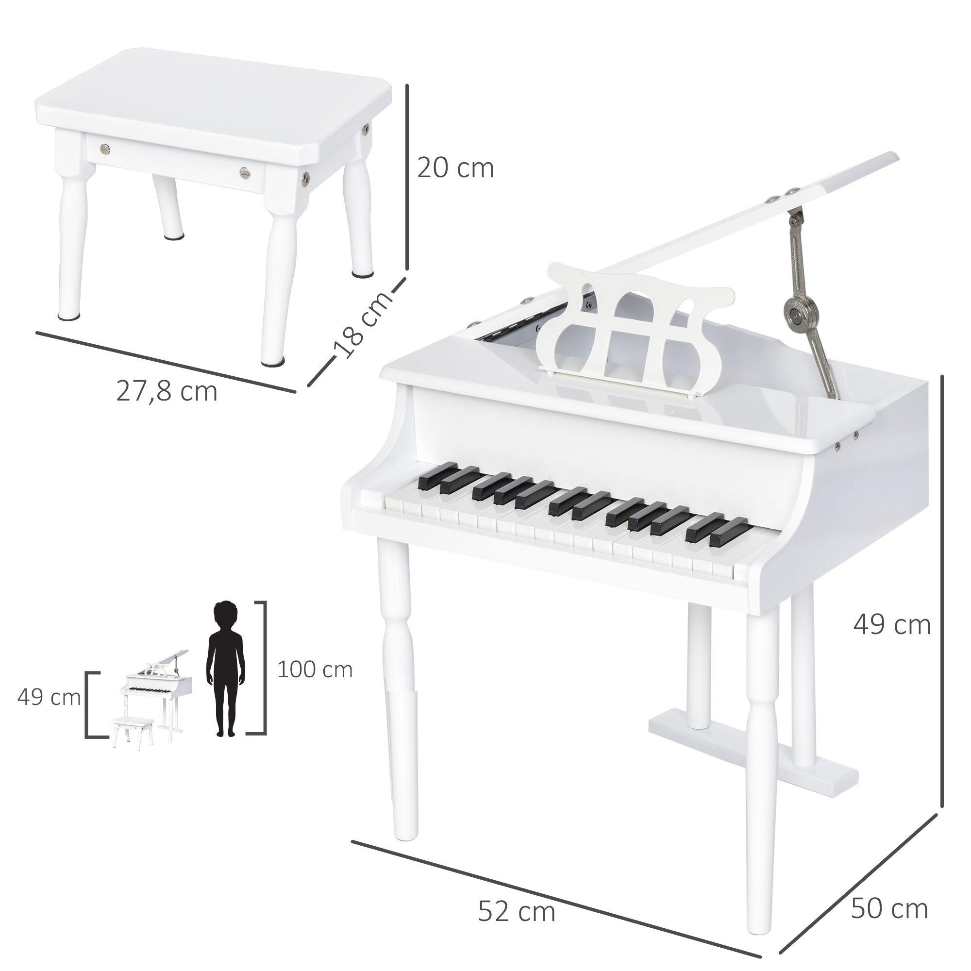 Un piano y taburete de juguete blancos con dimensiones. Se ven teclas blancas y negras. También se muestra la altura de un niño.