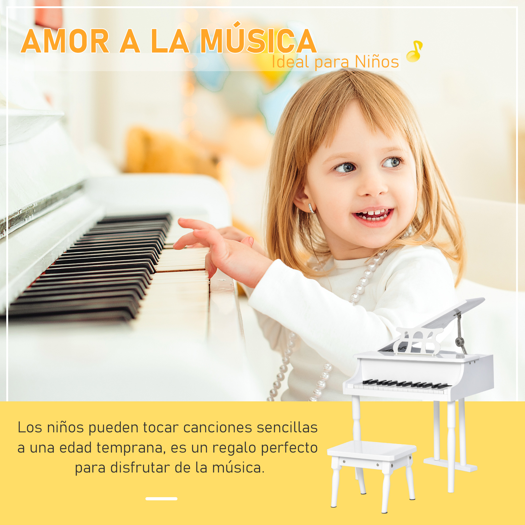 Una niña toca el piano. Hay un piano blanco pequeño y un taburete. Texto: Amor por la música. Ideal para niños.
